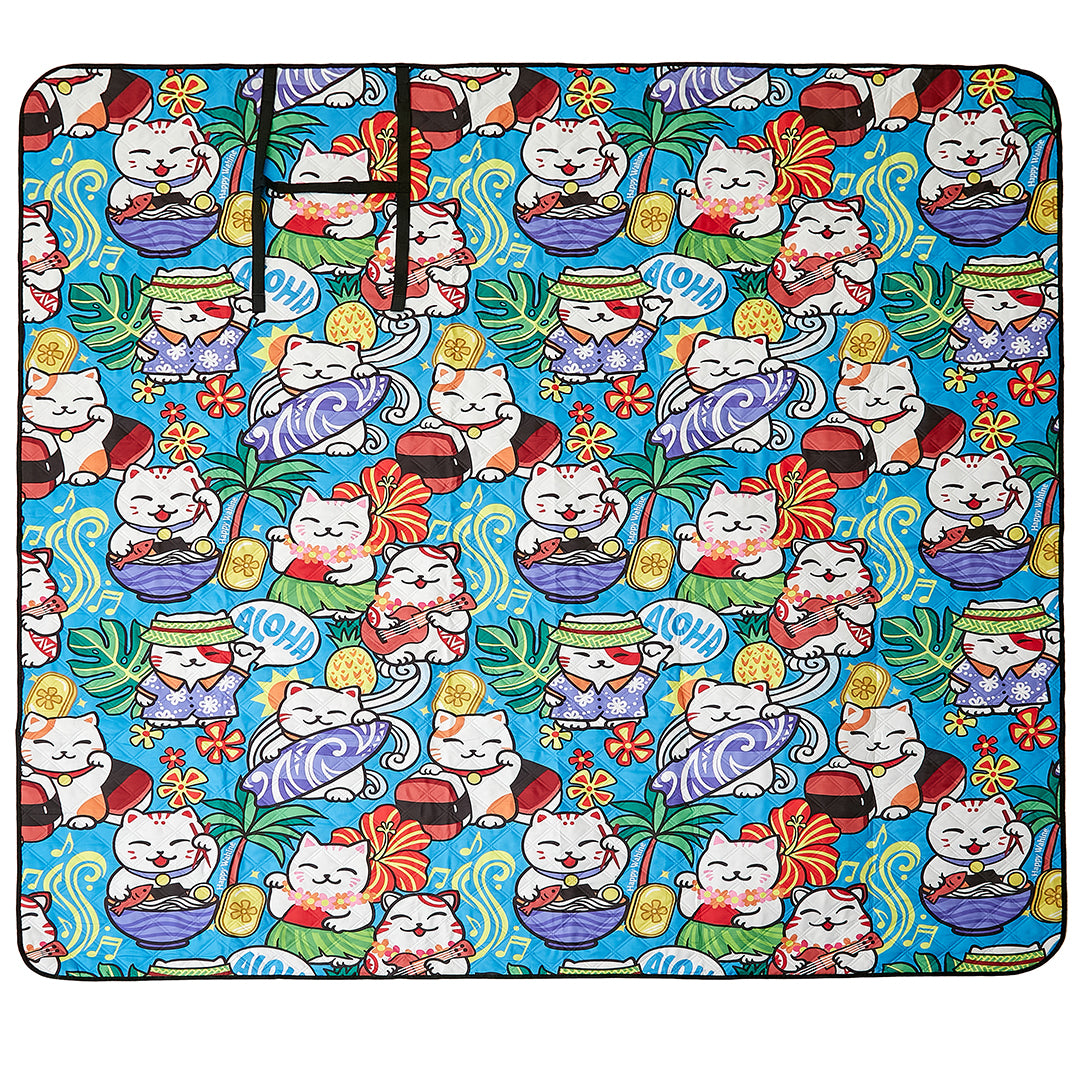Premium Waterproof Beach Mat with Cute Neko Design in Teal - Perfect for Picnics, Camping, and Outdoor Relaxation