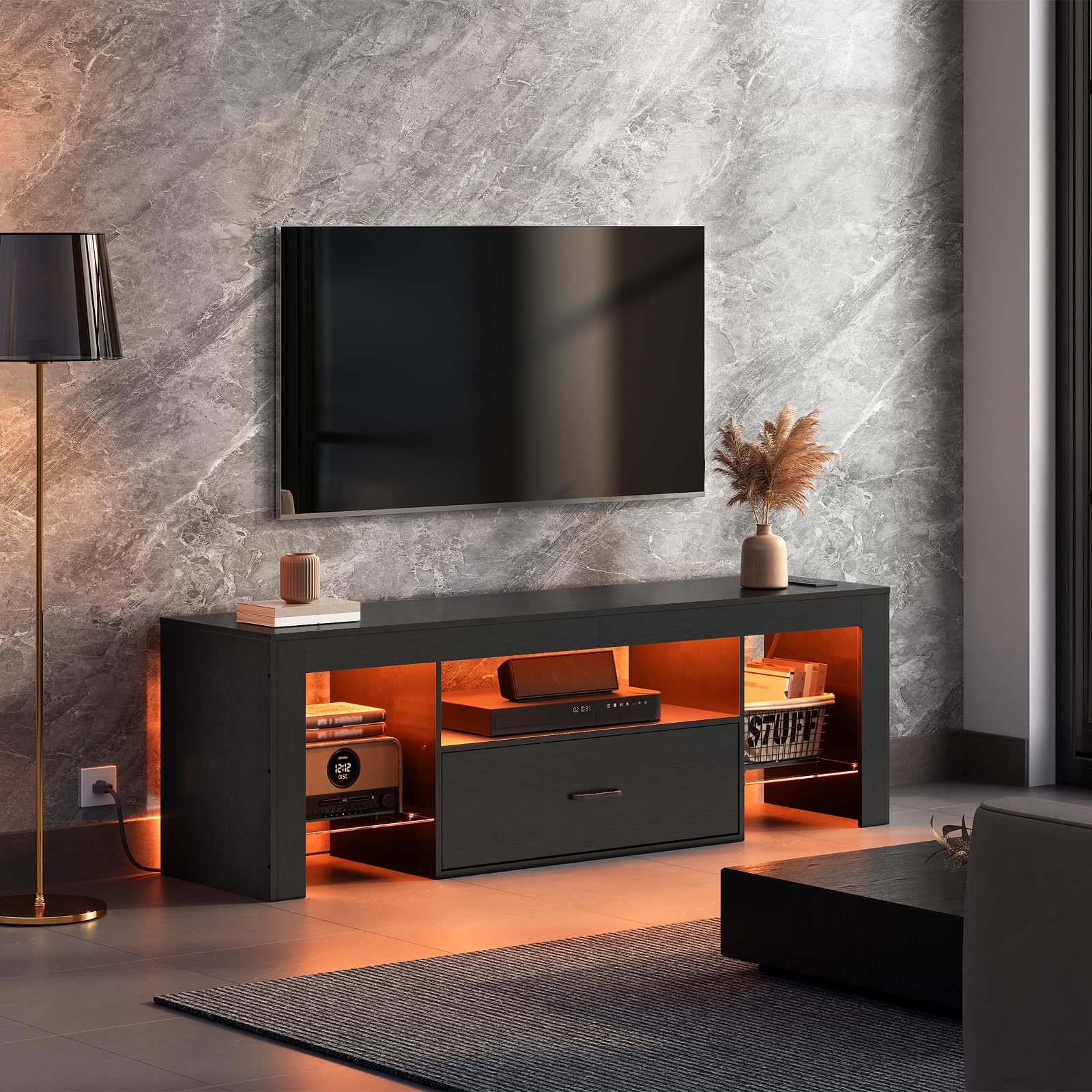 HOOBRO 65 inch LED TV Stand with Power Outlets, Modern Gaming Entertainment Center with Glass Shelves & Large Storage Drawer - Media Console Table for Living Room, Bedroom (Black BB14UDDS01G1) | Perfect for Home Theater Setup & Gaming Stations
