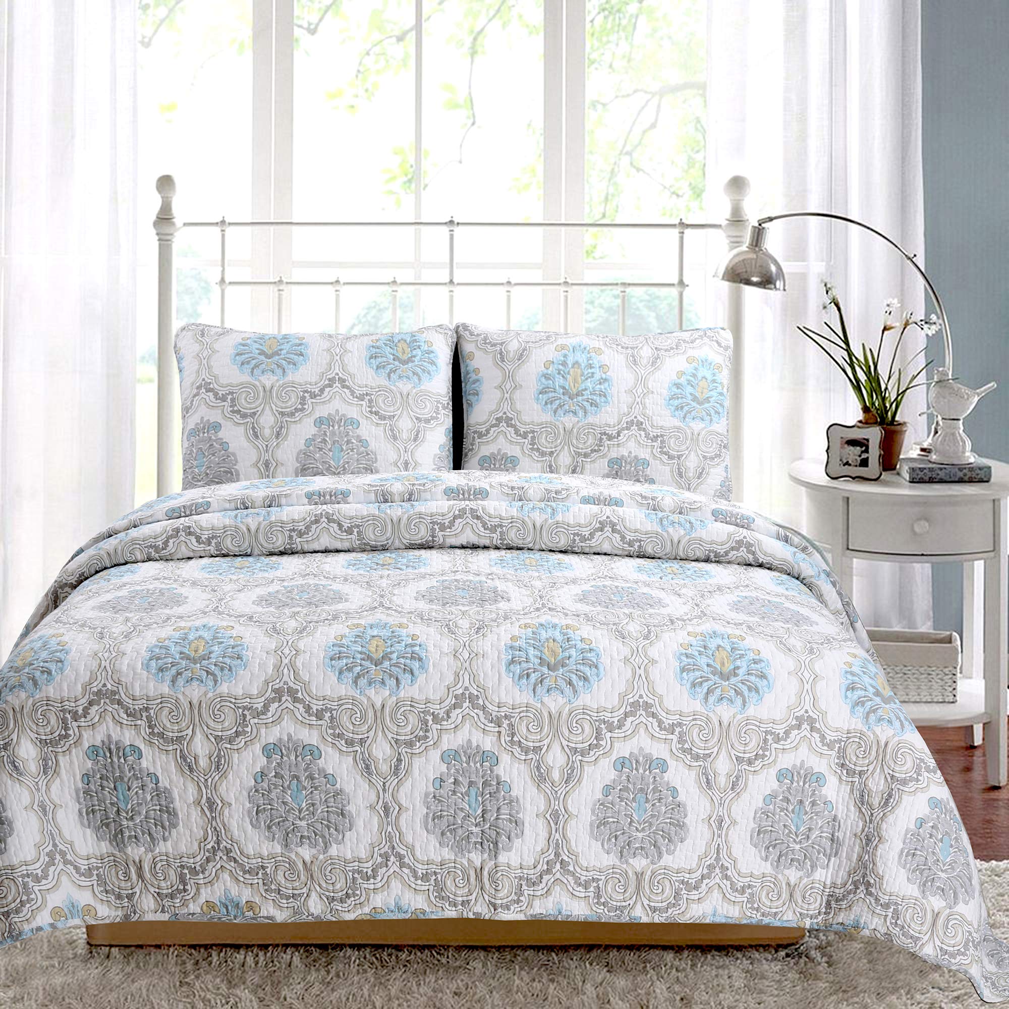 Cozy Line Home Fashions 3-Piece Queen Size Cotton Bedding Set - Light Aqua Blue & Gray Floral Brocade Damask Reversible Quilt | Soft & Breathable Cotton for All-Season Comfort | Perfect for Master Bedroom, Guest Room & Coastal Decor