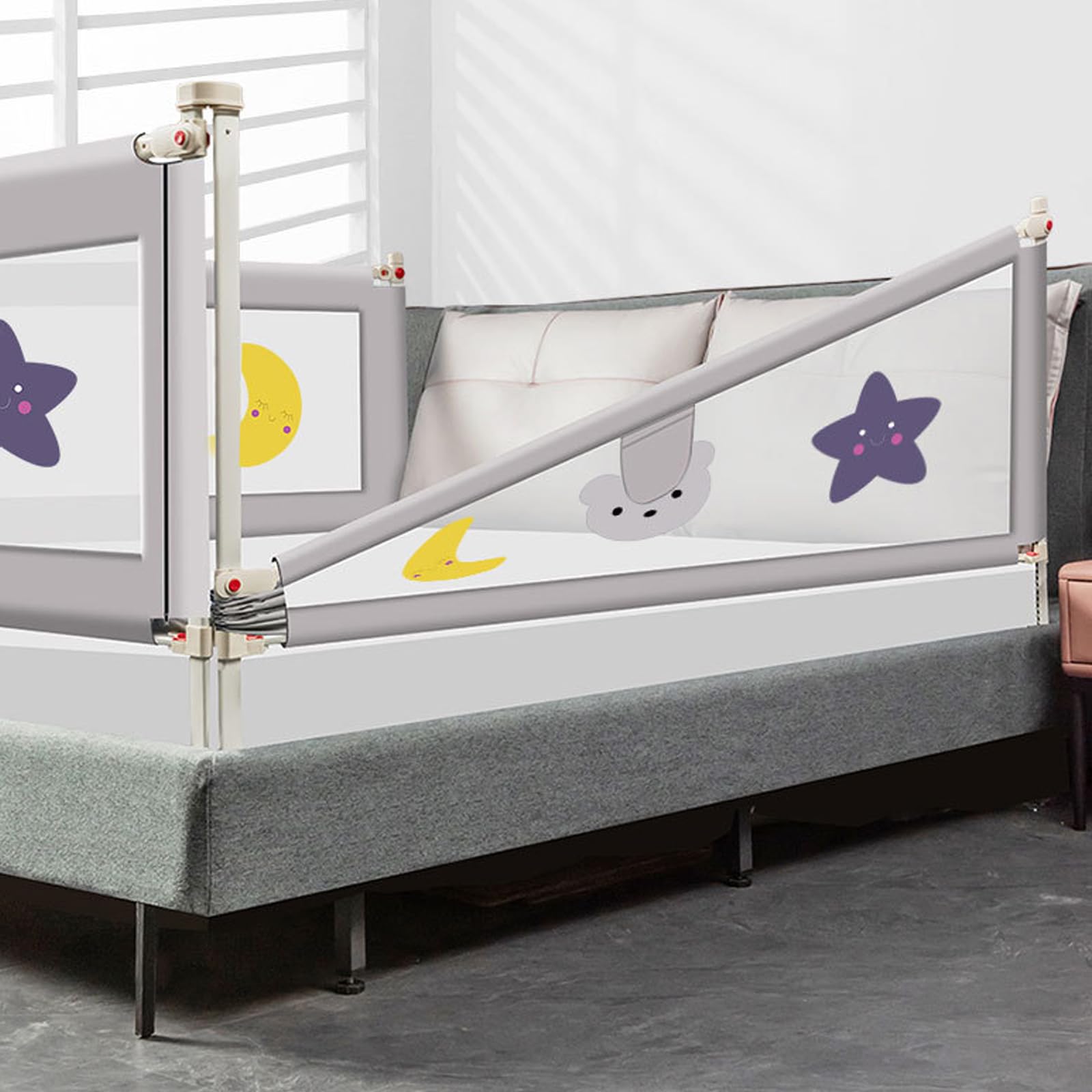 1*Baby Bed Rail with Double Child Lock - Adjustable Toddler Safety Guardrail for Queen Size Bed - Non-Slip Kids Bed Rail with Cute Patterns - Perfect for Nursery, Daycare & Home Use