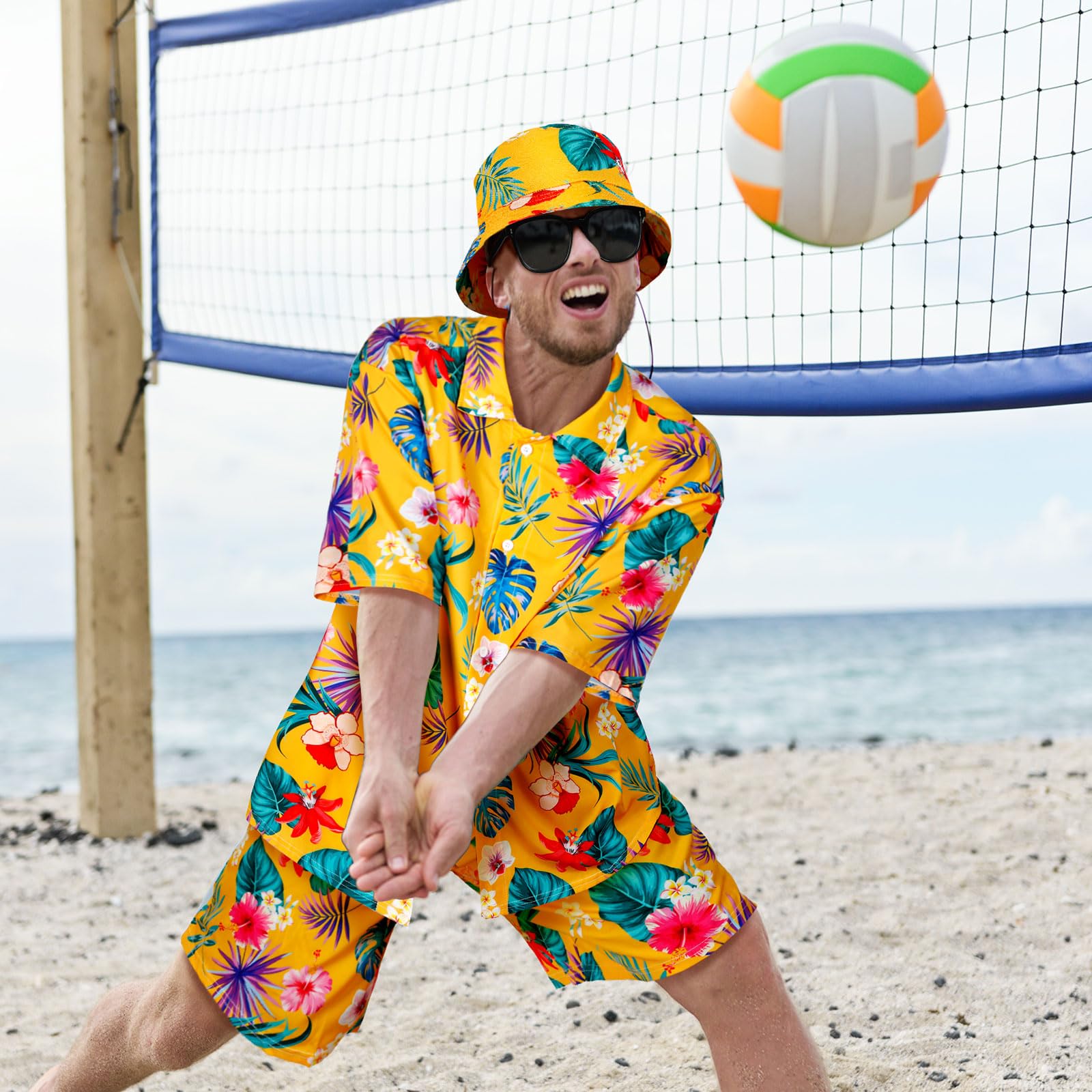 Harloon 4Pcs Men's Hawaiian Shirt and Shorts Set - Tropical Floral Button Down Beach Outfit with Bucket Hat & Sunglasses | Summer Vacation, Pool Party, Luau, Cruise Wear