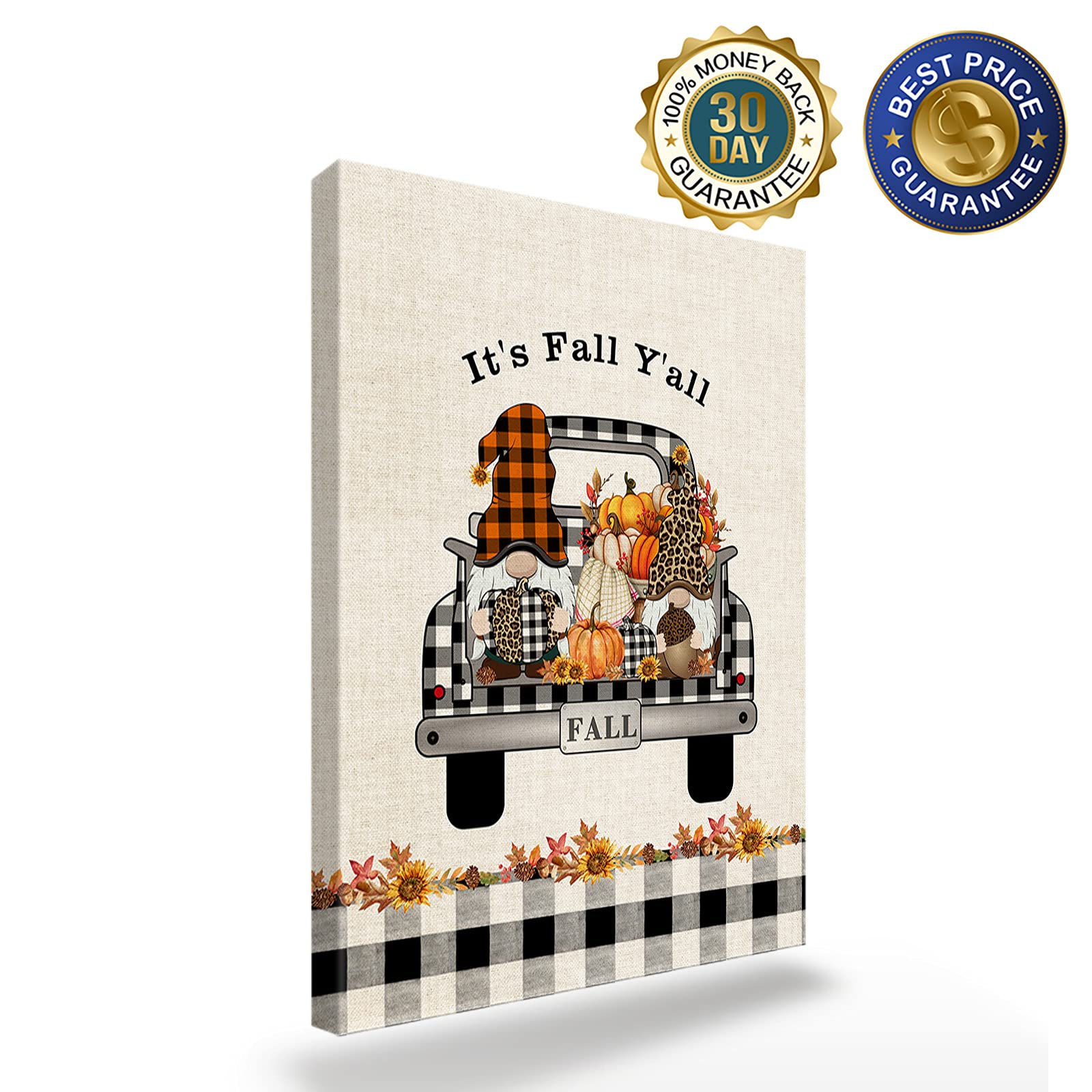 Fall Retro Thanksgiving Wall Art - Buffalo Plaid Leopard Gnome & Pumpkin Framed Canvas Print - Abstract Painting for Bedroom, Bathroom, Kitchen Decor - Ready to Hang Gift (12x18 Inches) - Perfect for Seasonal Home Styling & Holiday Gifts