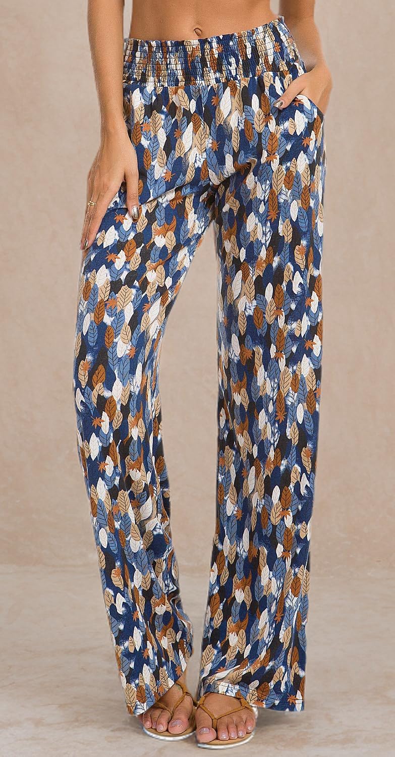 Urban CoCo Women's Boho Palazzo Pants - Wide Leg Beach Lounge Pants with Pockets - High Waisted Comfort for Summer, Travel & Yoga