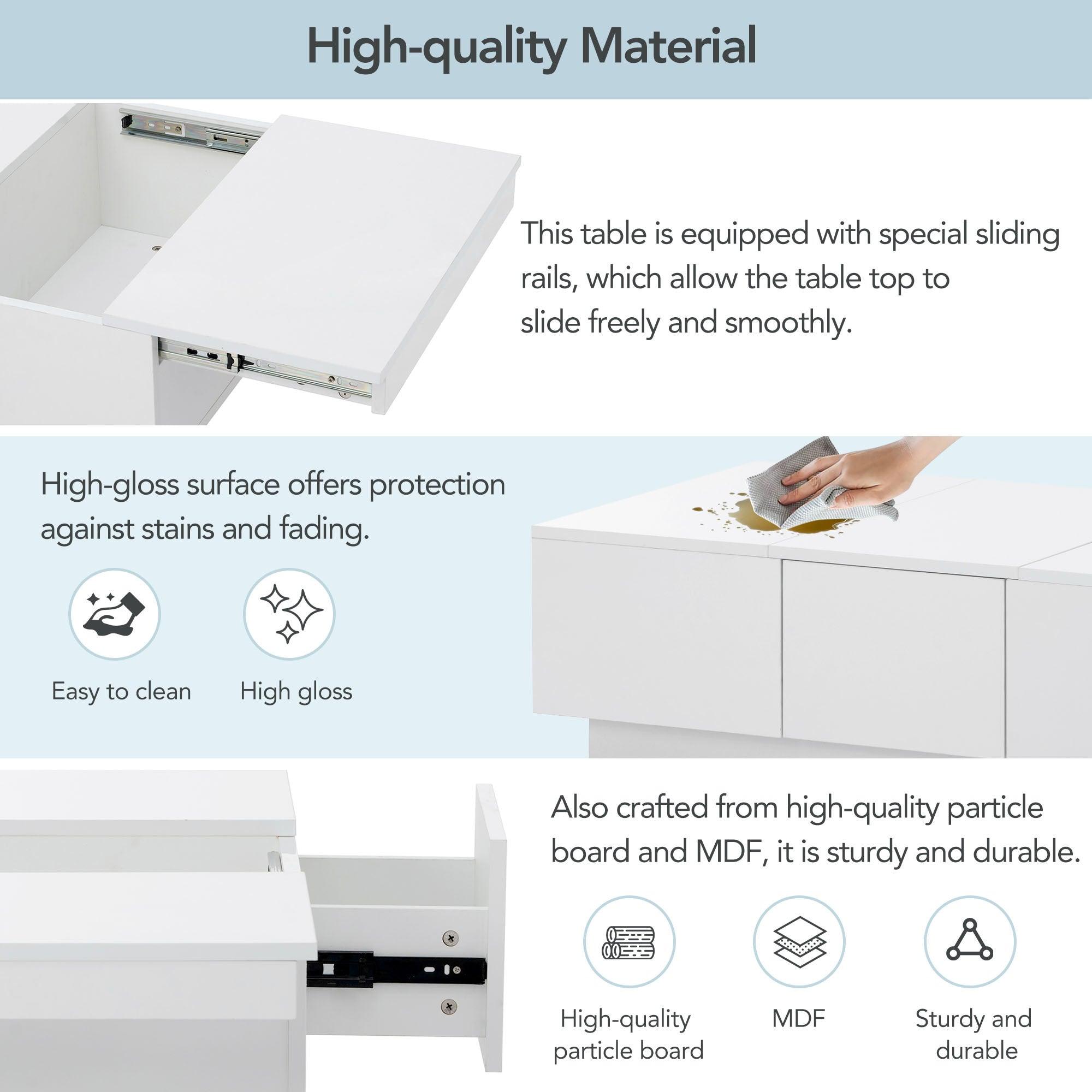 White Extendable Coffee Table with 2 Large Hidden Storage Compartments & 2 Drawers - High Gloss Center Table with Sliding Top for Living Room (39.3