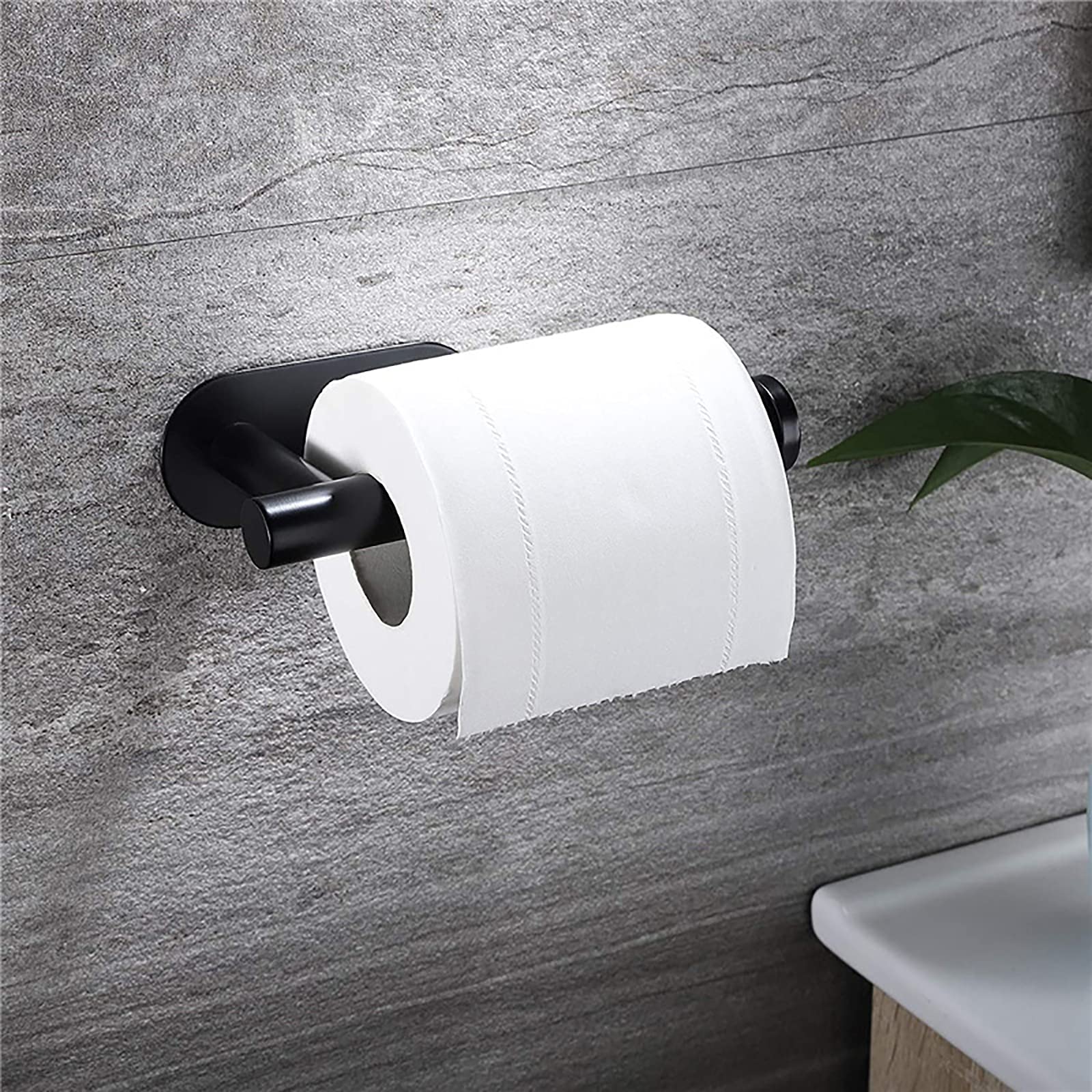 No Drill Self Adhesive Toilet Paper Holder - Stainless Steel Brushed Bathroom Tissue Roll Mount with Strong Sticky Backing for Easy Installation (Black) - Perfect for Apartments, RVs, and Small Bathrooms