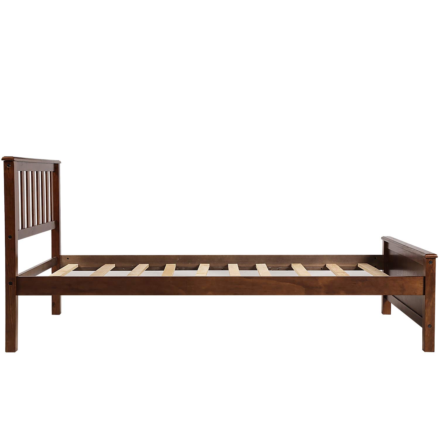 P PURLOVE Twin Size Wooden Platform Bed Frame with Headboard & Footboard - Solid Walnut Finish, Sturdy Wood Slat Support - Perfect for Kids Rooms, Guest Bedrooms & Small Spaces