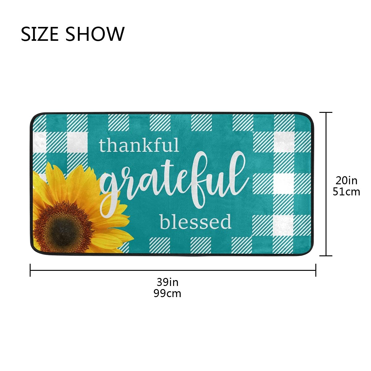 Buffalo Check Turquoise Plaid Washable Kitchen Rug - Non-Slip Anti-Fatigue Floor Mat for Sunflower Themed Kitchens | Perfect for Farmhouse Decor & High-Traffic Areas