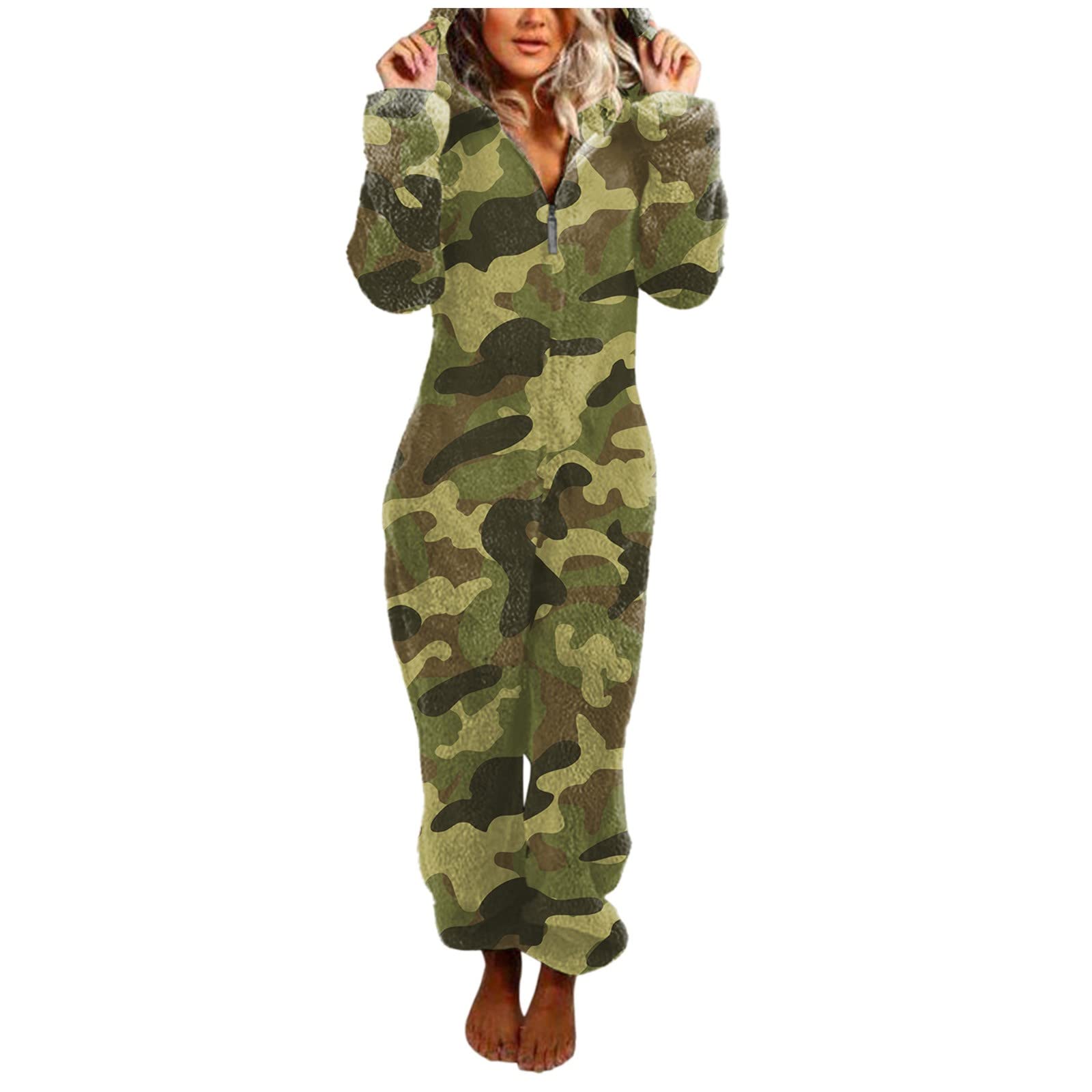 Women's Winter Jumpsuit - Long Sleeve Hooded Romper with Zipper | Warm Fleece Loungewear & Casual Pajamas | Perfect for Cold Weather, Lounging at Home, and Outdoor Activities