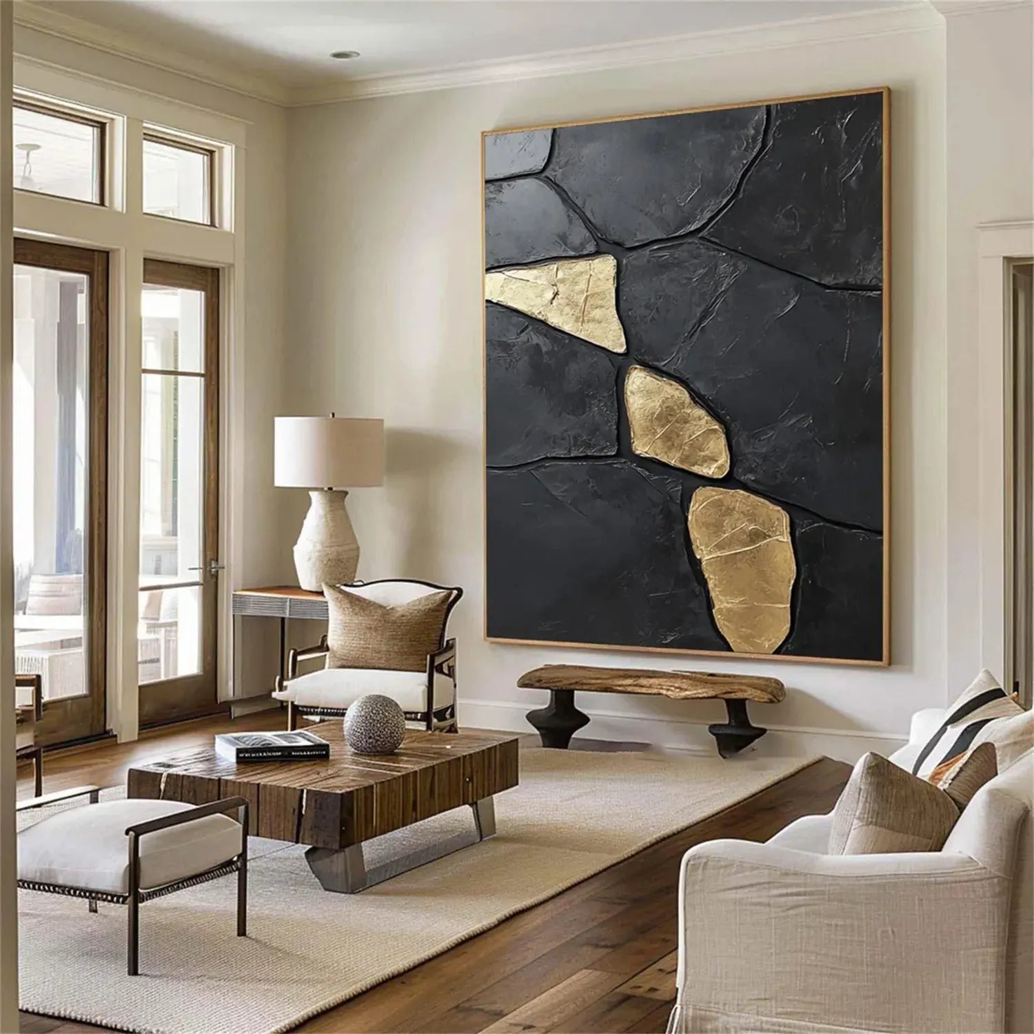 Black Gold Minimalist Textured Painting Canvas Wall Art - Modern Abstract Home Decor for Living Room, Bedroom & Office | Premium Quality #MZ122