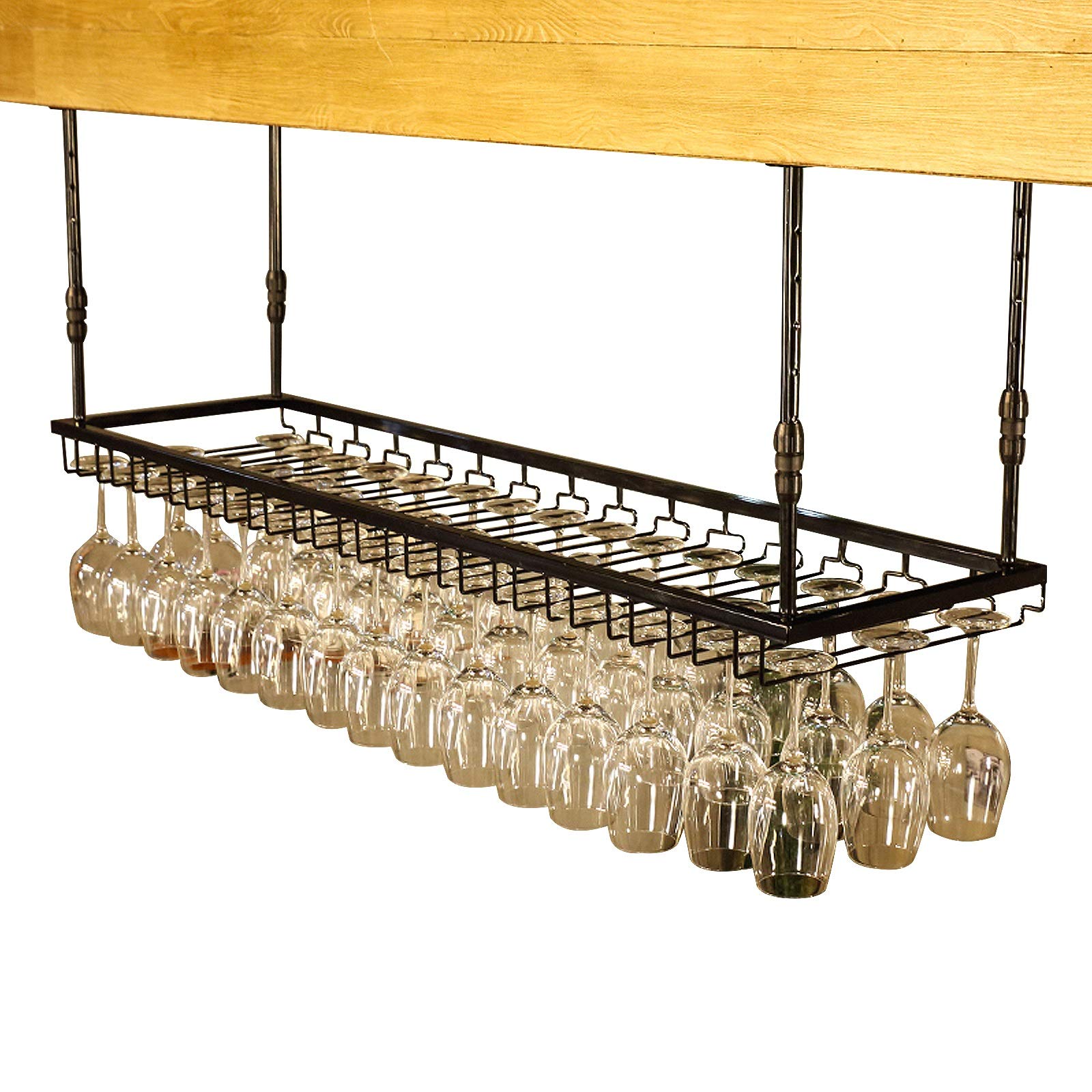 Rustic Ceiling Wine Rack - Adjustable Height Hanging Wine Glass Holder, Iron Display Shelf for Bar Restaurant Kitchen Decor & Storage (Black, 90x35cm) - Perfect for Small Spaces & Entertaining Guests