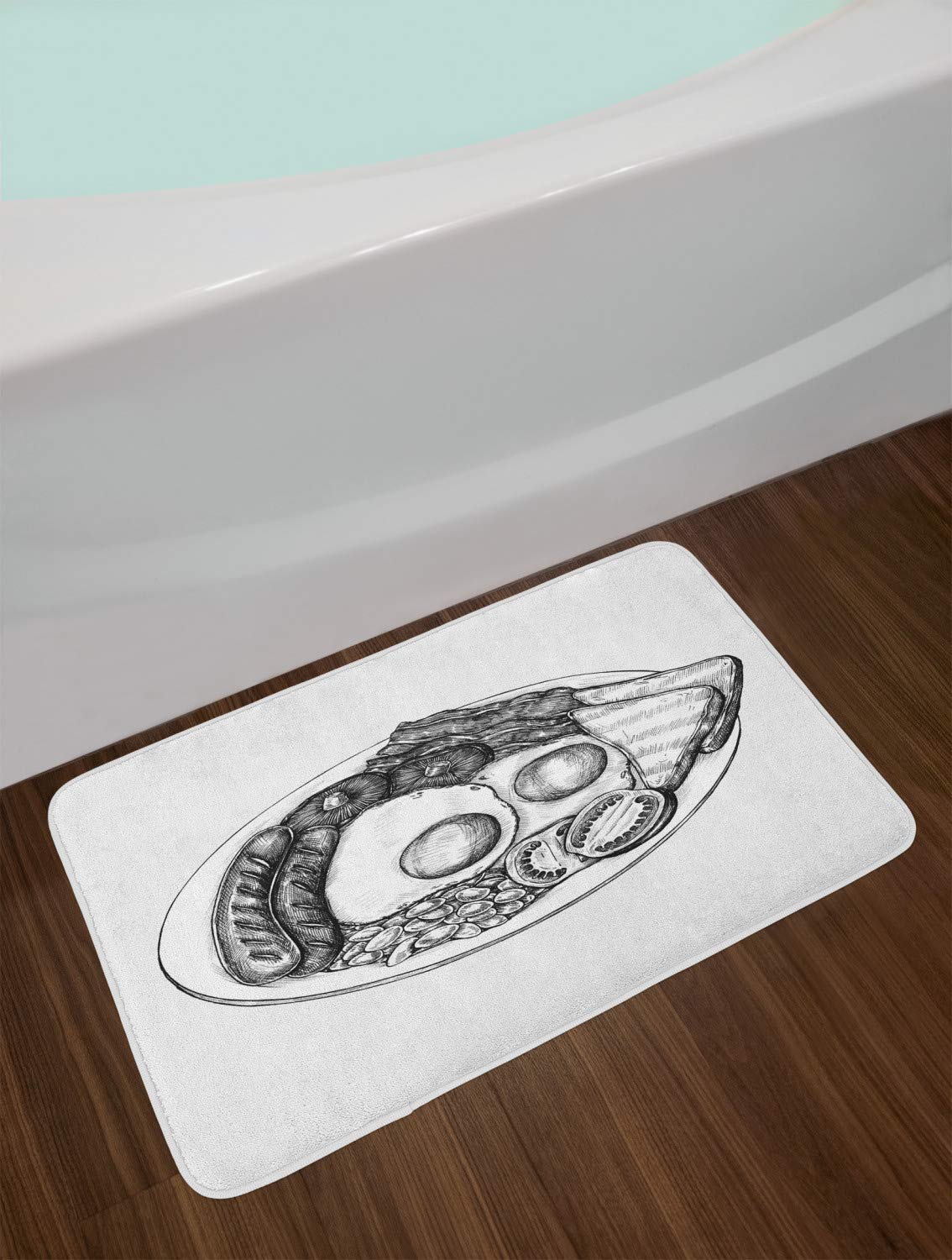 Ambesonne Plush Non-Slip Bath Mat - British Breakfast Design with Eggs, Sausages, Toast, Beans & Bacon - 30.2