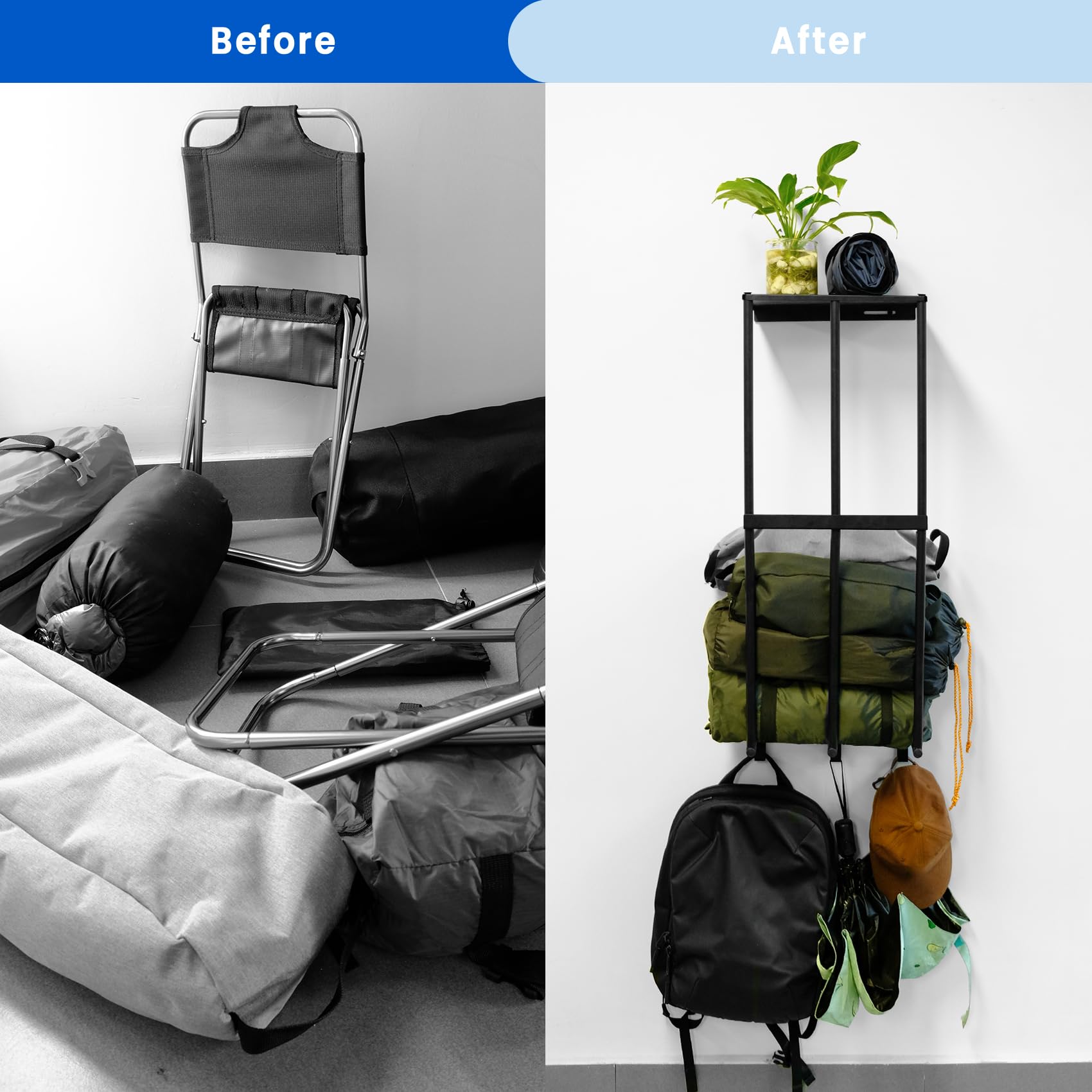 Heavy Duty Metal Camping Chair Wall Mount Storage Rack with 3 Hooks - Garage Organization Solution for Camping Chairs, Beach Chairs & Umbrellas - Space Saving Wall Shelves for Garage, Basement, Shed or Outdoor Storage