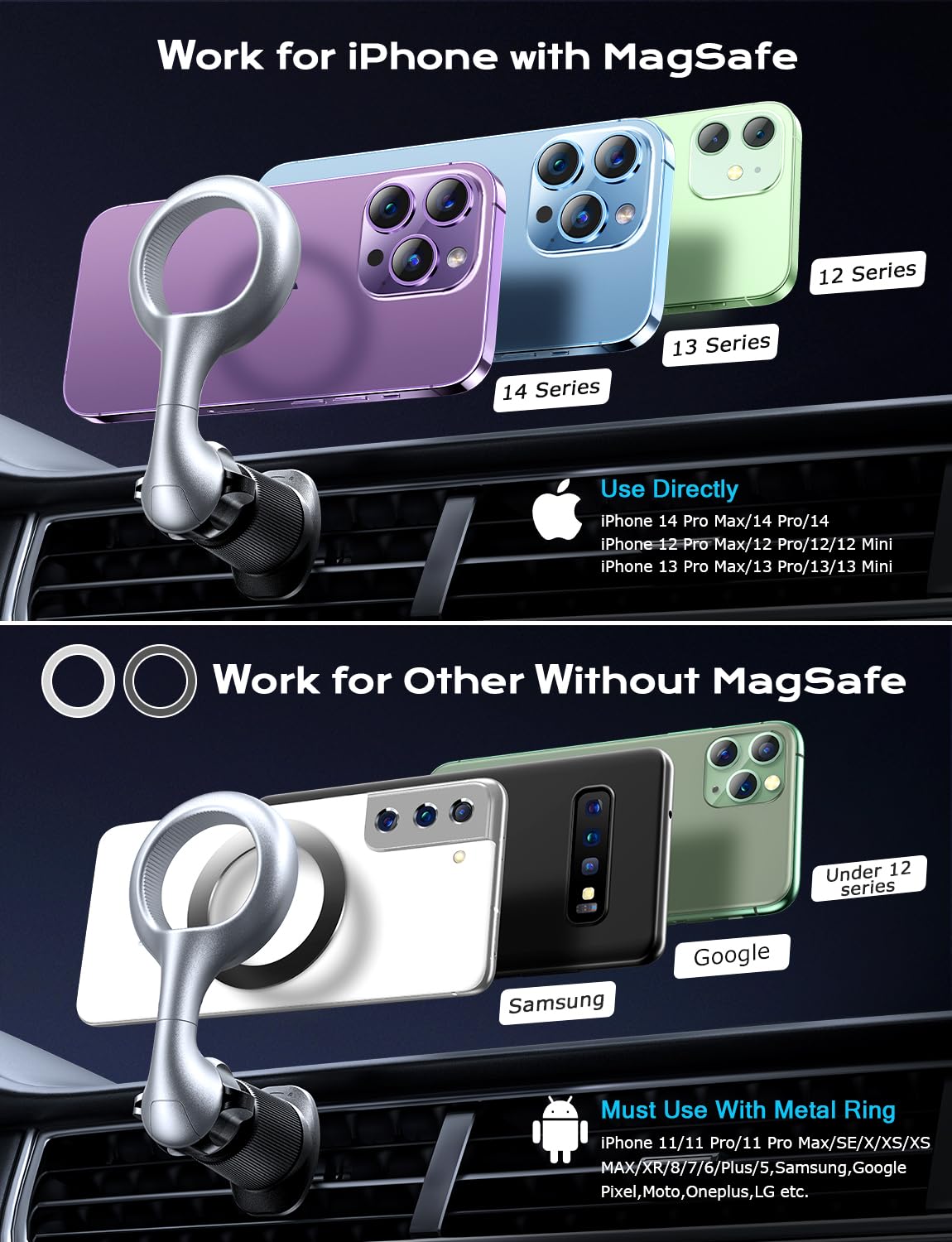 Strong 20-Magnet Car Phone Mount Holder - Ultra Flexible Magnetic Vent Mount for iPhone, Samsung, Google Pixel (Silver) | Secure & Hands-Free Driving, GPS Navigation, Streaming Music