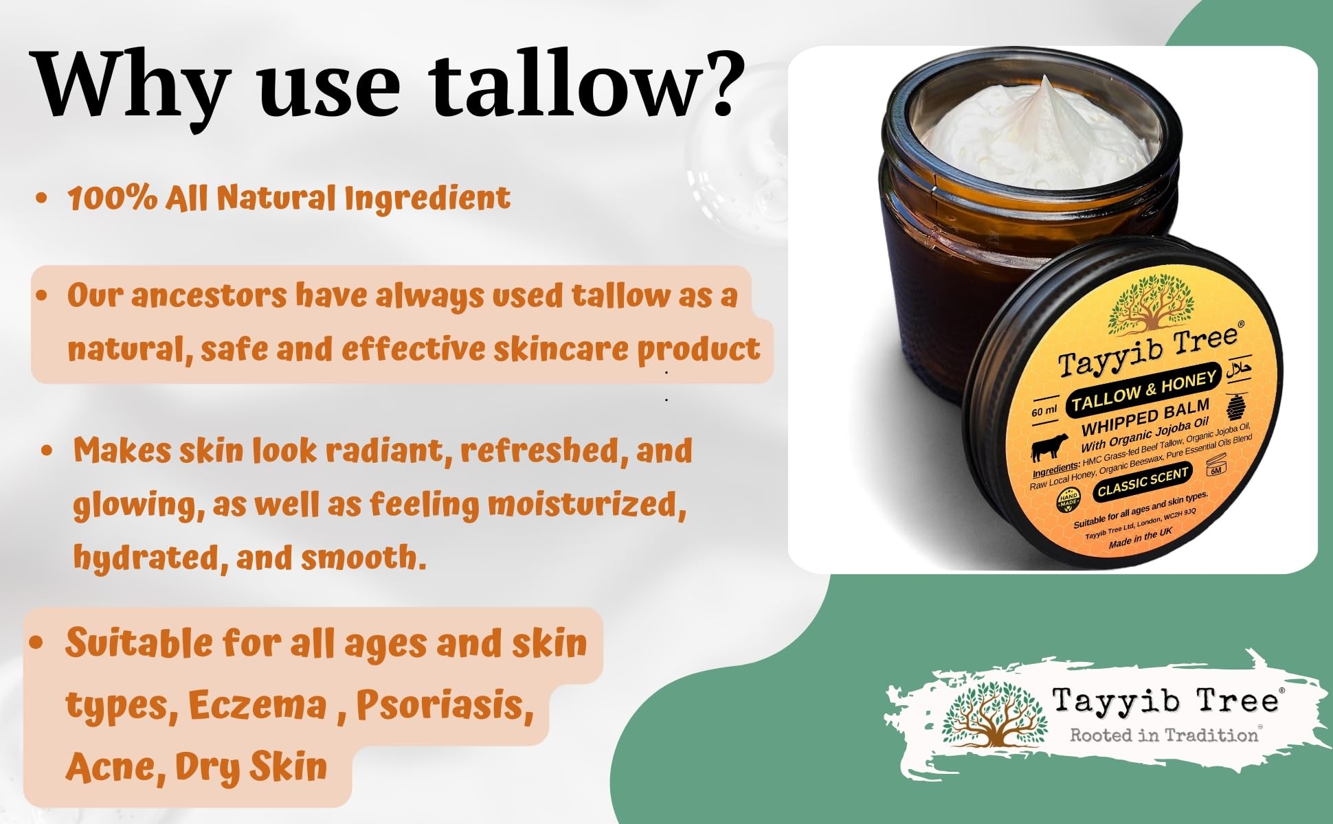 Grass-Fed Tallow & Honey Balm for Acne, Eczema & Dry Skin - 60ml - Perfect for Daily Skincare Routine