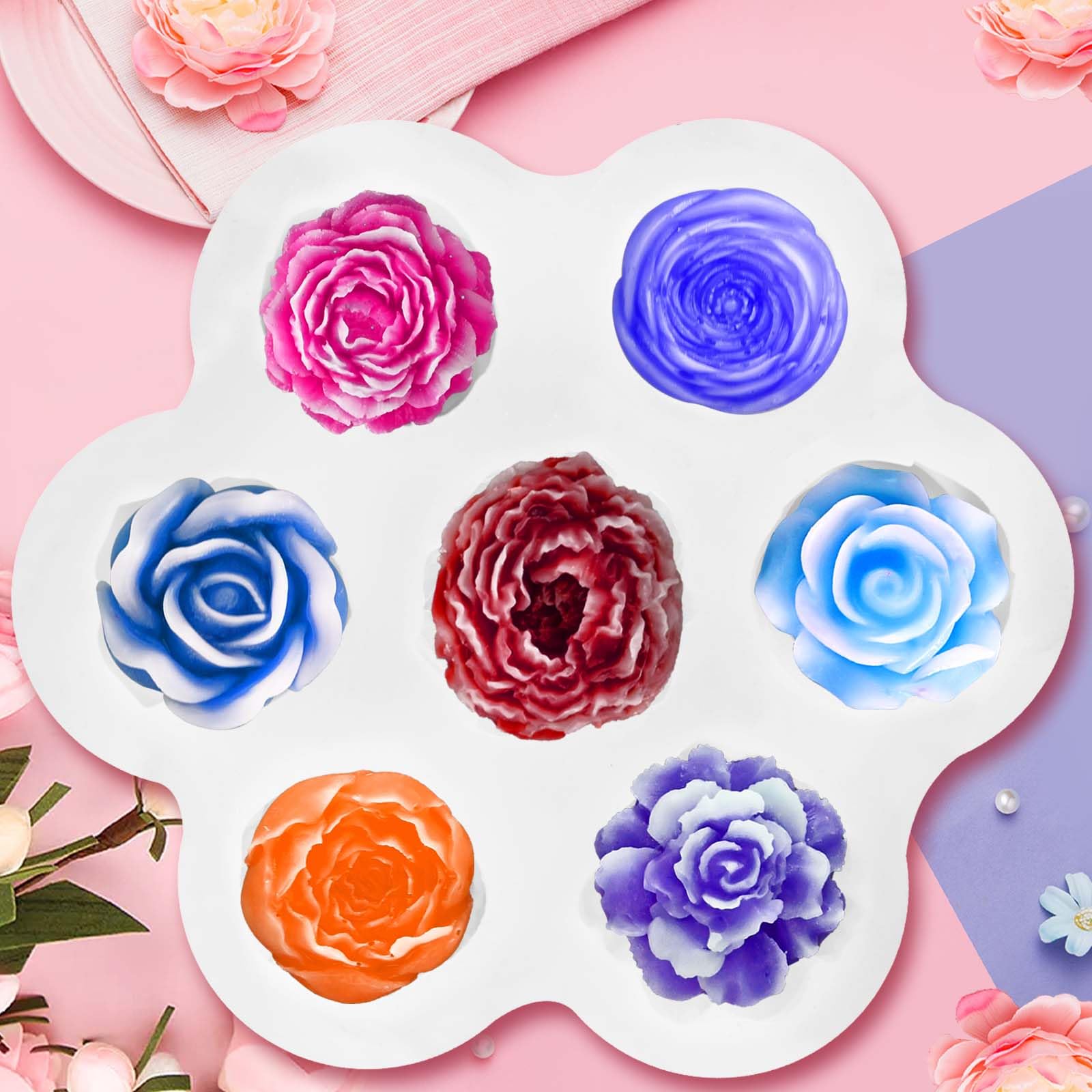 7-Cavity Flower Silicone Molds for Candle Making, Soap Crafting & Cake Decorating - Rose & Peony Shaped Molds for DIY Wax, Resin Casting, Chocolate, Mousse & Fondant - Perfect for Home Decor, Wedding Favors & Craft Projects