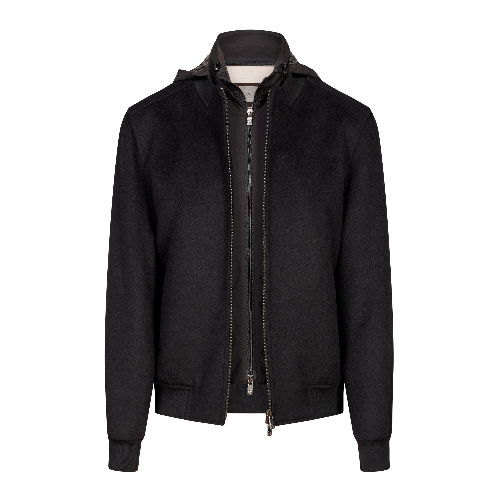 Premium CORNELIANI Men's Wool Bomber Jacket - Classic Black | Warm Winter Outerwear for Casual & Business Occasions