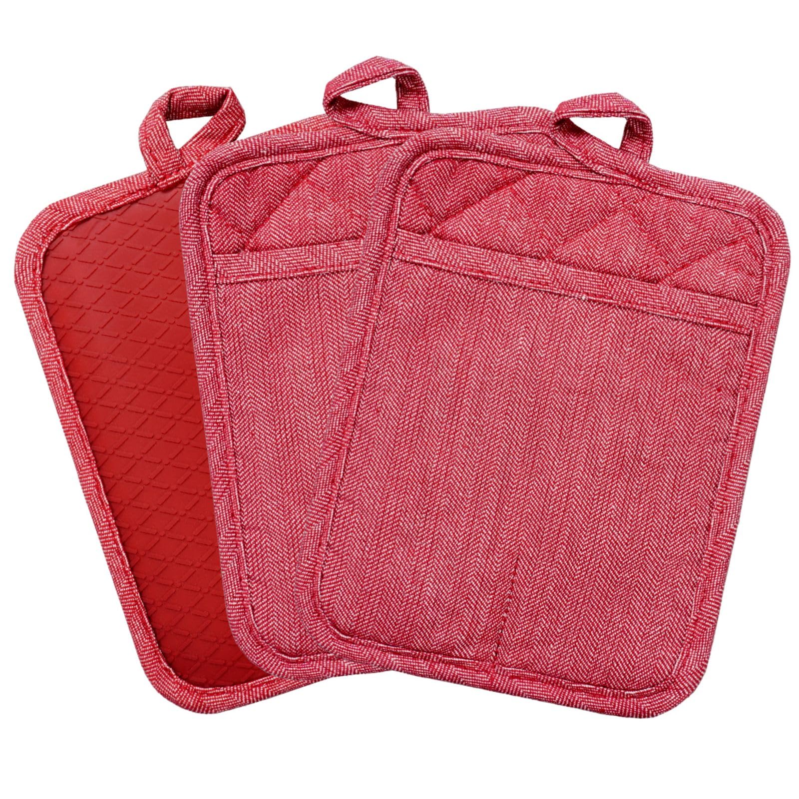 Premium Heat-Resistant Silicone Pot Holders Set of 3 - Non-Slip Yarn-Dyed Kitchen Gloves for Cooking, Baking & BBQ (500℉ Protection, Machine Washable, Red) - Ideal for Oven, Grill & Microwave Use
