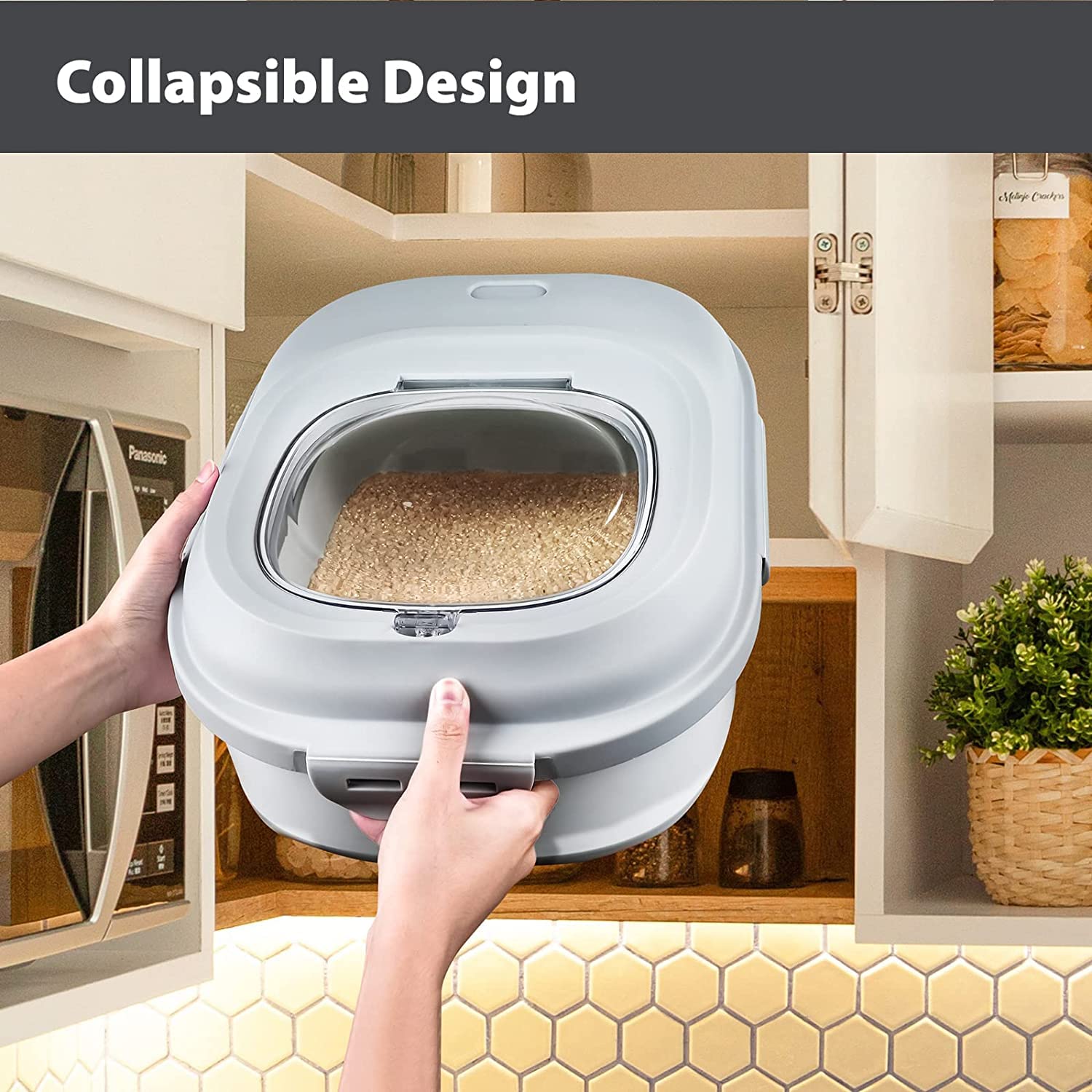 Olpad 30Lb Foldable Pet Food Storage Container - Airtight Plastic Bin with Measuring Cup, Sealed Lid & Wheels for Dog, Cat & Fish Food | Perfect for Kitchen, Pantry & Bulk Rice Storage