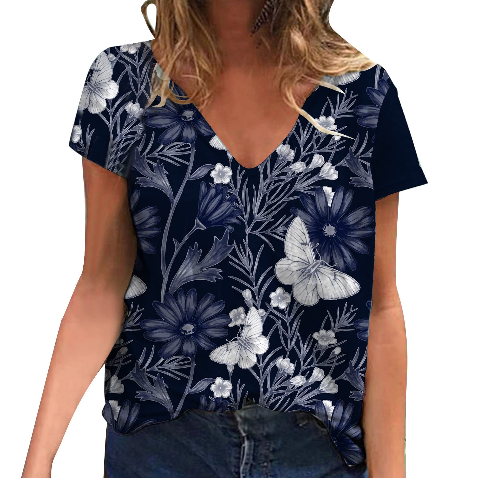 iOPQO Women's Casual Summer V-Neck Printed T-Shirt - Short Sleeve Tunic Top for Tall Women (Navy, XL) | Perfect for Beach Outings, Weekend Wear & Summer Vacation
