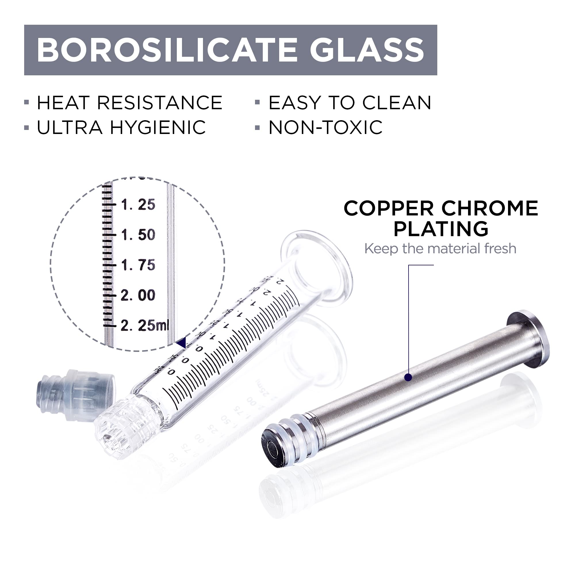 2.25ML Pyrex Glass Syringe with Silver Metal Plunger - 100 Pack Leak-Proof Luer Lock Syringe (No Needle) | Precise Liquid Measuring Syringe for Glue, Oil, Epoxy | Lab, Medical, DIY, Arts & Crafts Use | Borosilicate Glass Tube