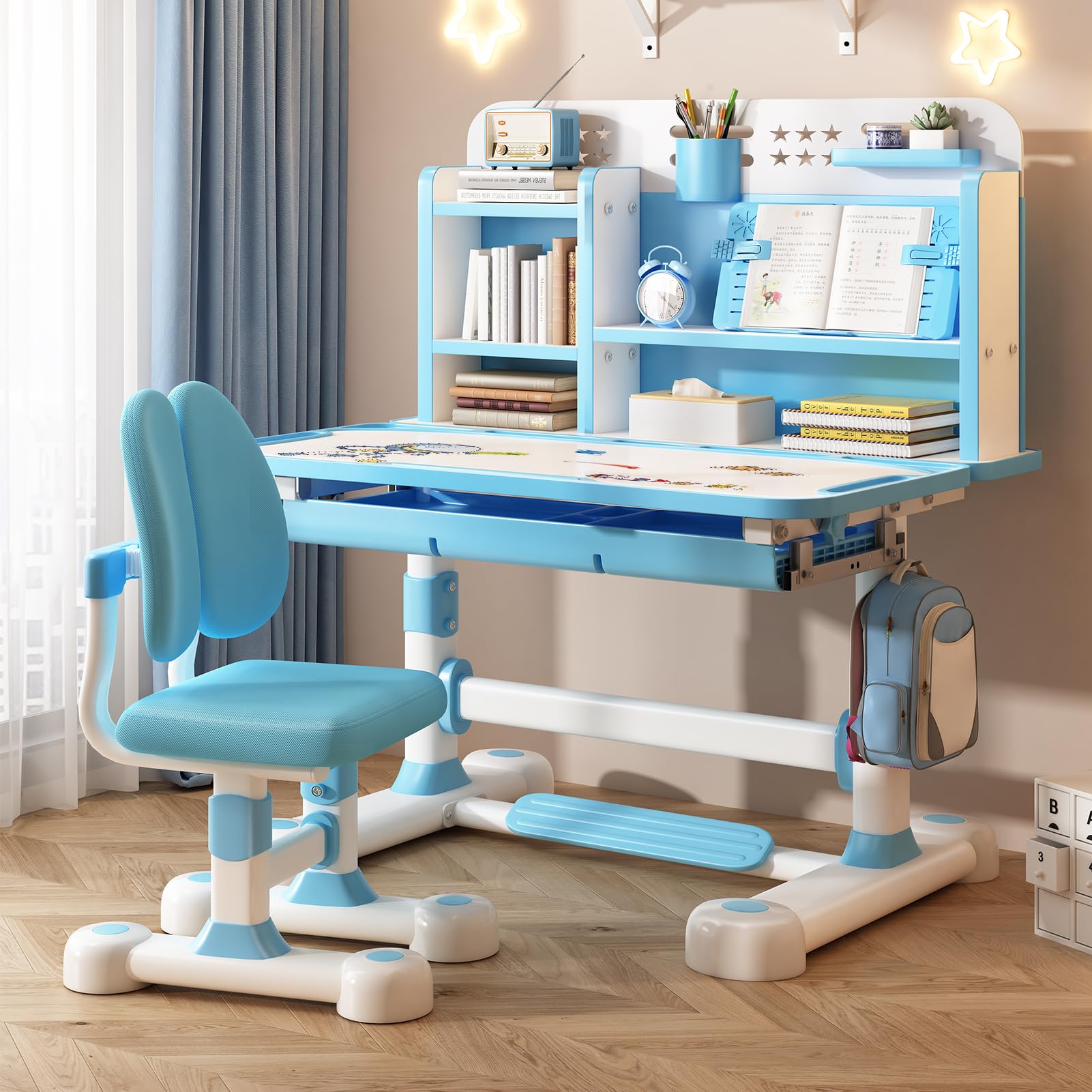 Adjustable Kids Desk and Chair Set with Storage Drawer - Ergonomic Study Desk for Girls & Boys - Widened Desktop for Homework, Drawing & Crafts - Perfect for Bedroom, Homeschool or Classroom Use