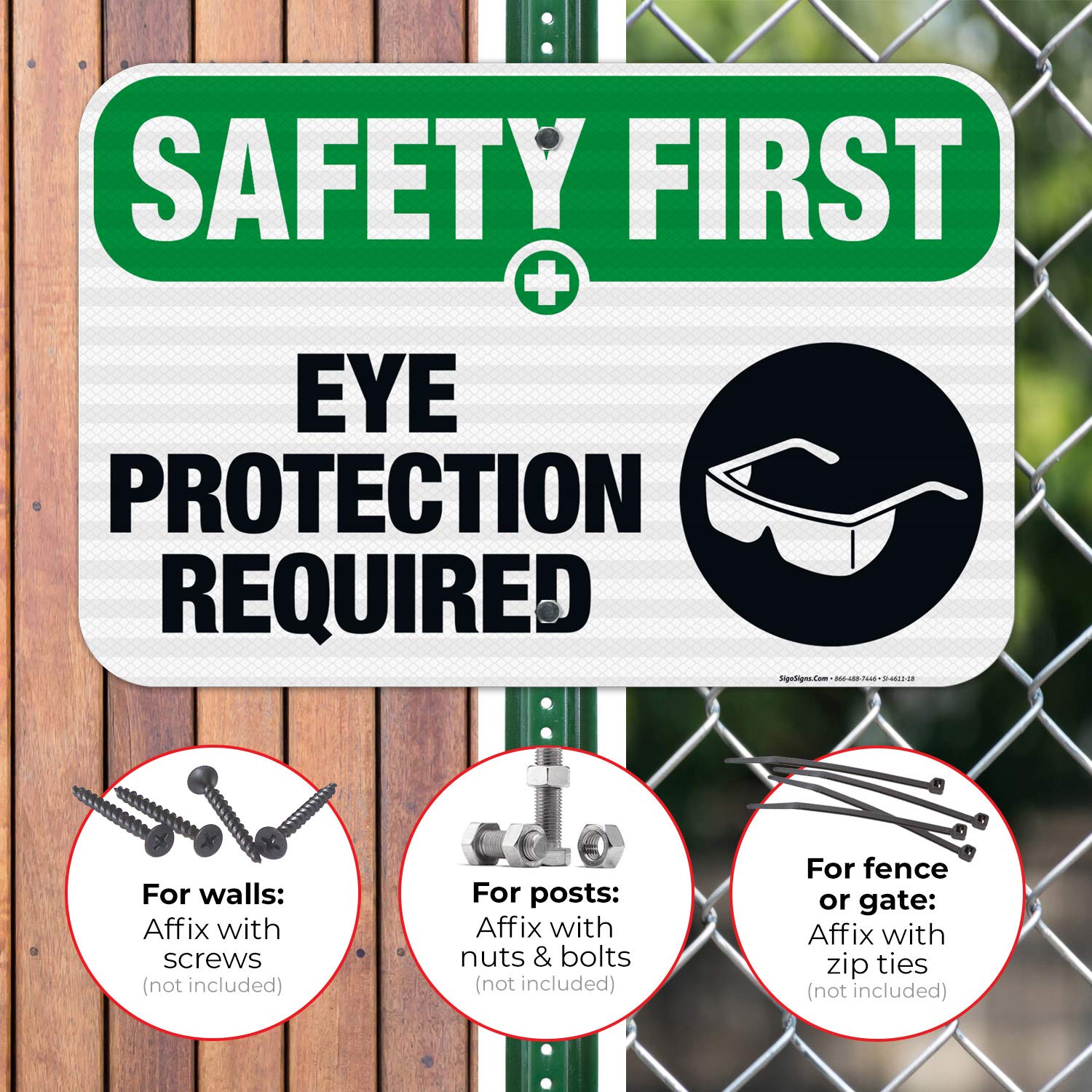 OSHA Compliant Eye Protection Required Sign - 12x18 Inches, 3M EGP Reflective .063 Aluminum, Fade Resistant for Indoor & Outdoor Use - Made in USA - Perfect for Construction Sites, Factories & Workplaces