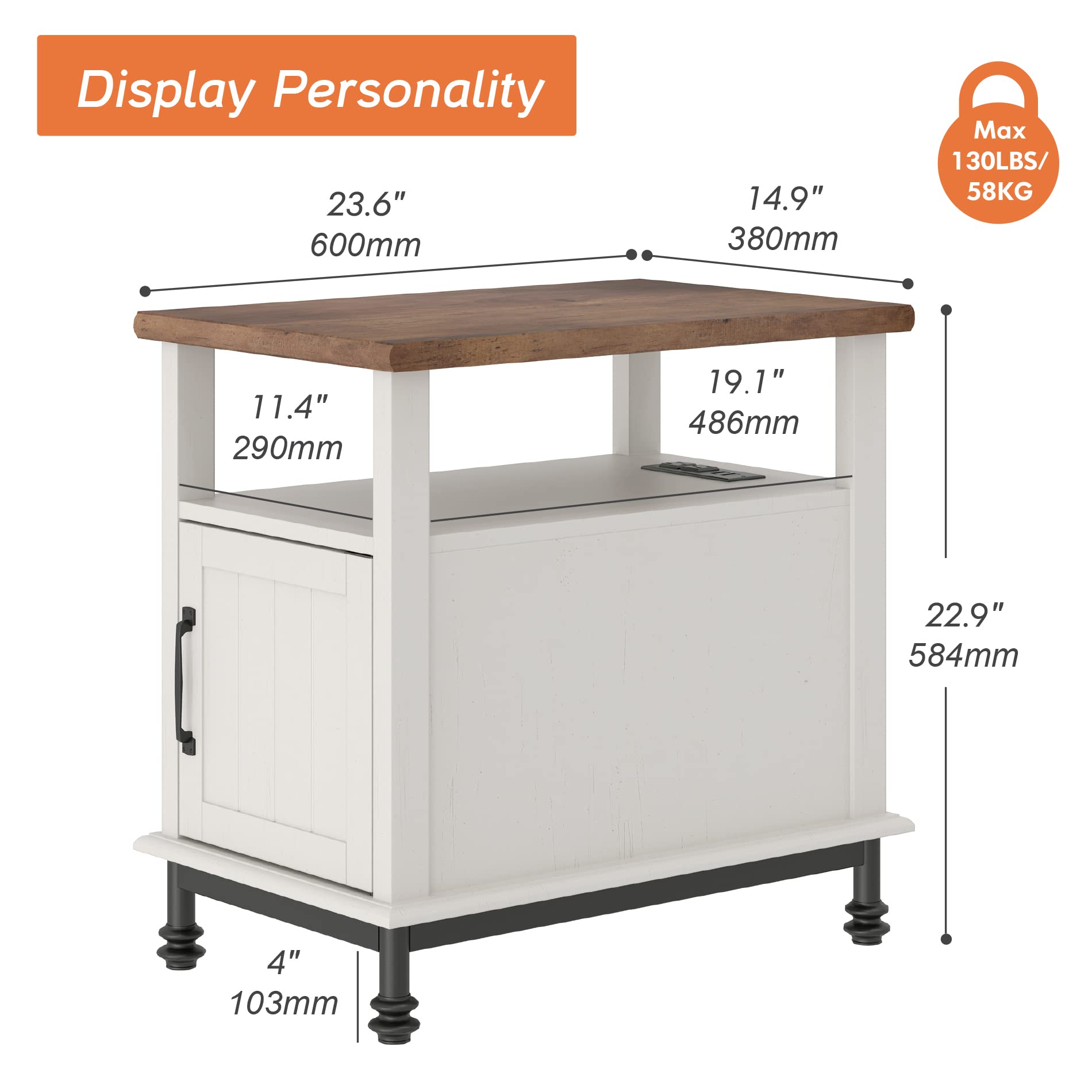 WAMPAT 2 Pack Farmhouse End Tables with USB Charging Station - Rustic Wood Accent Side Tables with Open Storage & Drawer - Nightstand for Bedroom, Living Room - White Oak Finish with Metal Feet - Perfect for Coffee Table, Sofa Side Table, or Bedside Nightstand