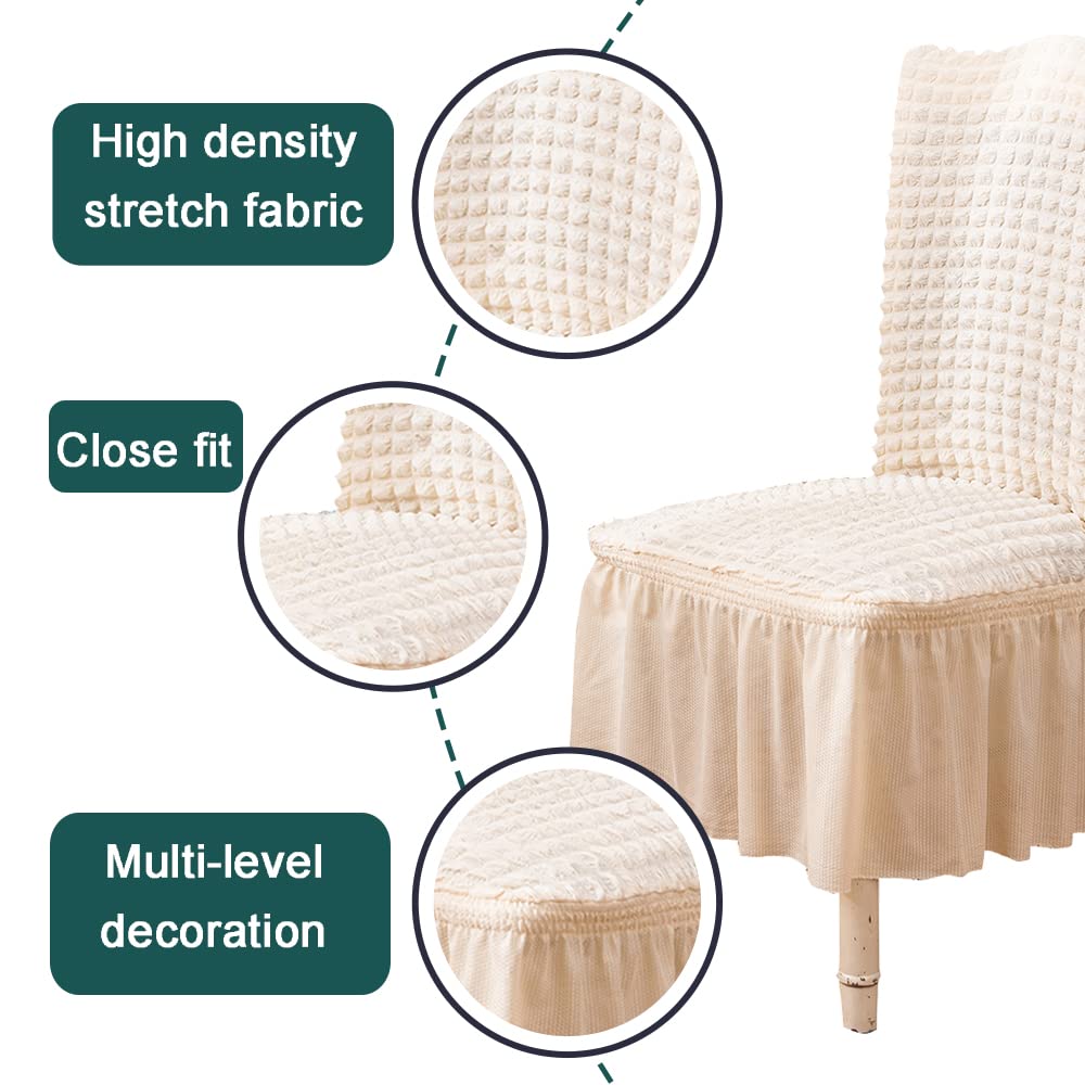 6-Piece Stretch Dining Chair Covers with Skirt - Washable & Removable Slipcovers for Kitchen, Home, Wedding - Protects from Kids & Pets (White) - Perfect for Everyday Use, Parties & Special Events