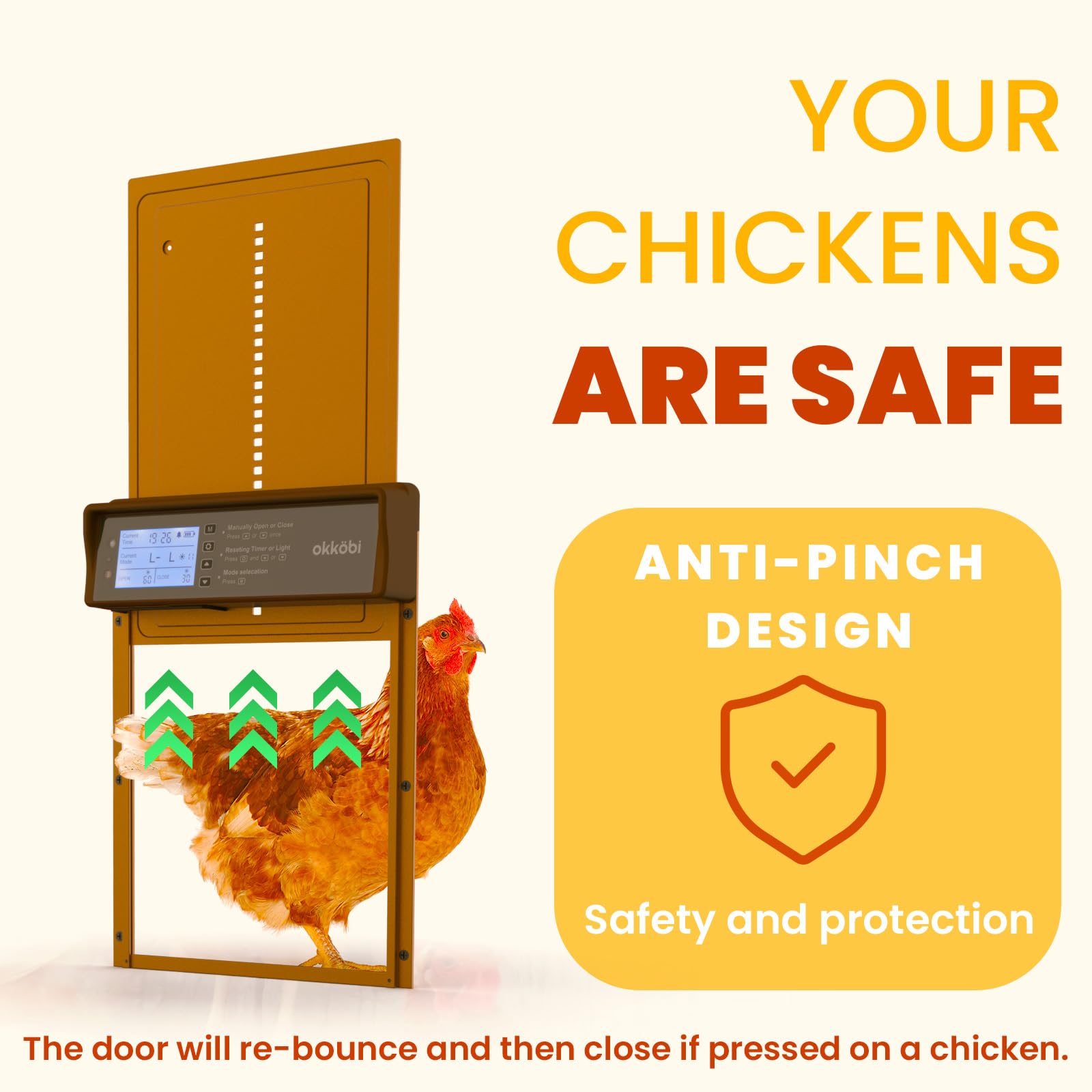 Solar Powered Automatic Chicken Coop Door with LCD Display, Light Sensor & Timer - Anti-Pinch Safety Design for Poultry Protection - Perfect for Backyard Farms, Homesteads & Chicken Coops (5-Year Warranty)