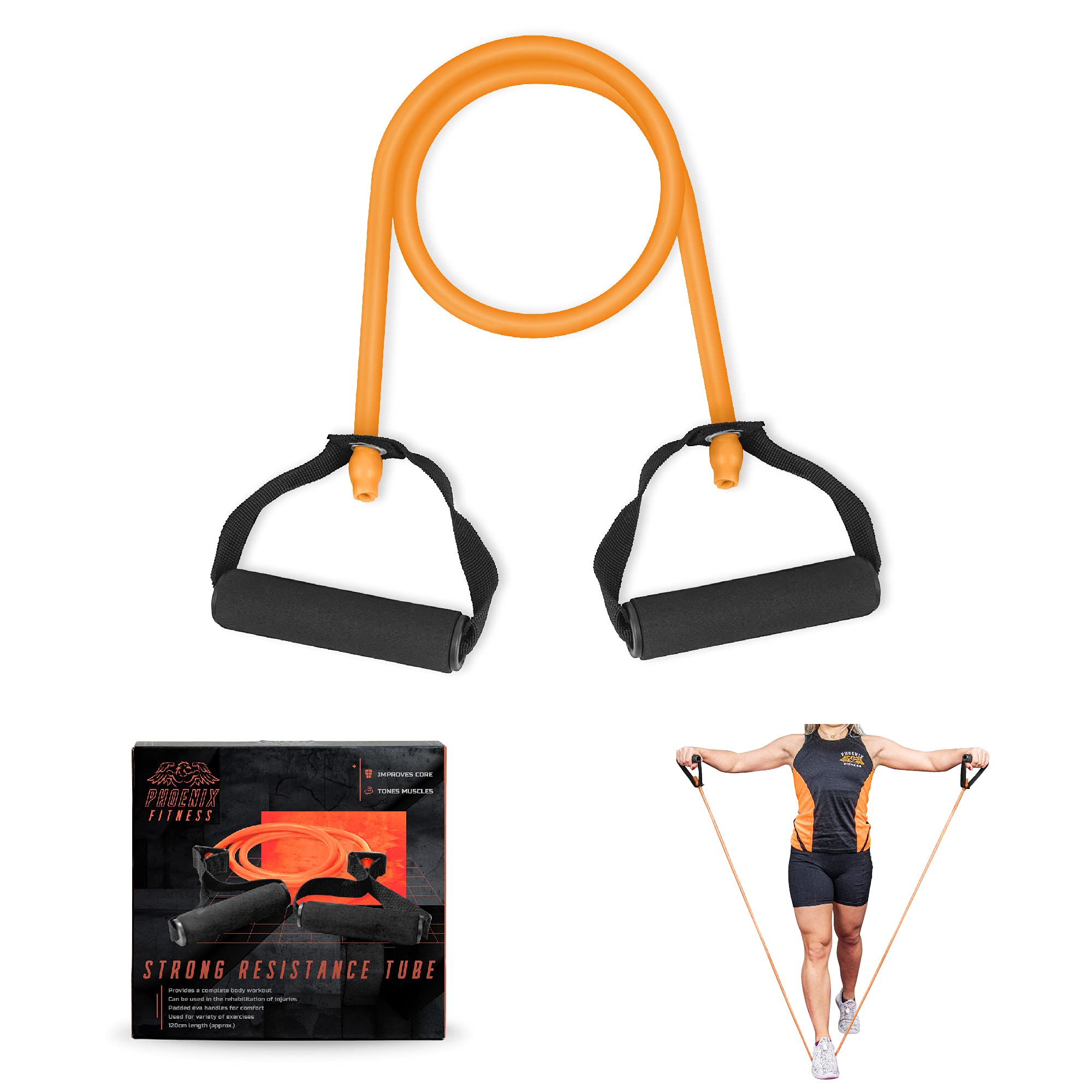 Phoenix Fitness Resistance Band with Handles - Heavy Duty Exercise Bands for Strength Training, Stretching & Workouts - Home & Gym Equipment for Men & Women (Light/Medium/Strong Resistance) - Perfect for CrossFit, Yoga, Pilates & Physical Therapy