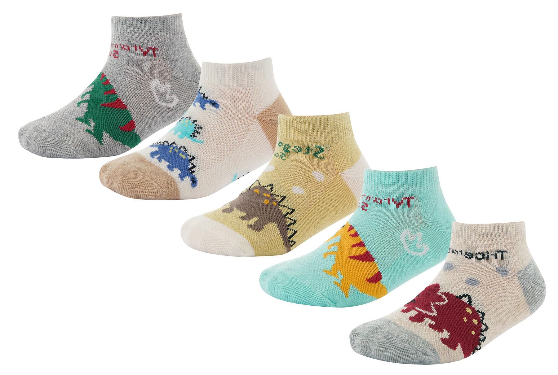 CHUNG Boys Cotton Ankle Socks 5/10 Pack - Low Cut Dinosaur Print Mesh Socks for Kids 2-9 Years - Lightweight Breathable School Running Sports Casual Socks - Perfect for Daily Wear, Playtime & Outdoor Activities