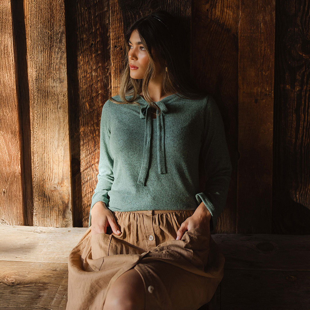 Elegant Bow Tie Sweater for Women - Soft Dusk Green Knit Pullover - Perfect for Office, Dates & Holiday Parties