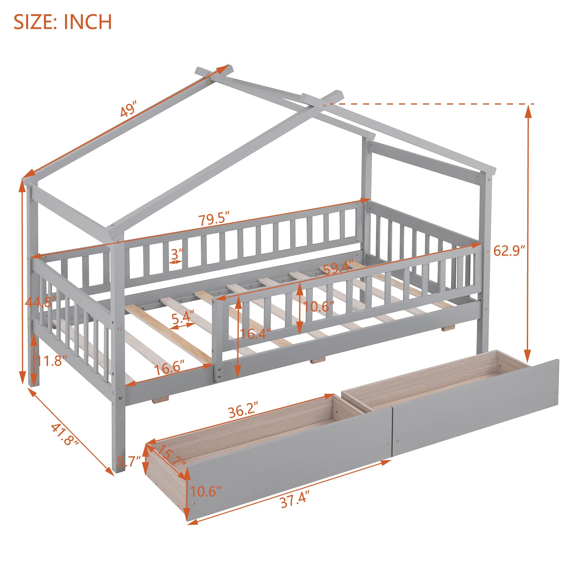 Merax Twin Size Wooden House Bed Frame with Roof & Safety Guardrail - 2 Storage Drawers for Kids, Teens, Boys & Girls - Gray - Perfect for Bedrooms, Playrooms & Kids' Room Decor