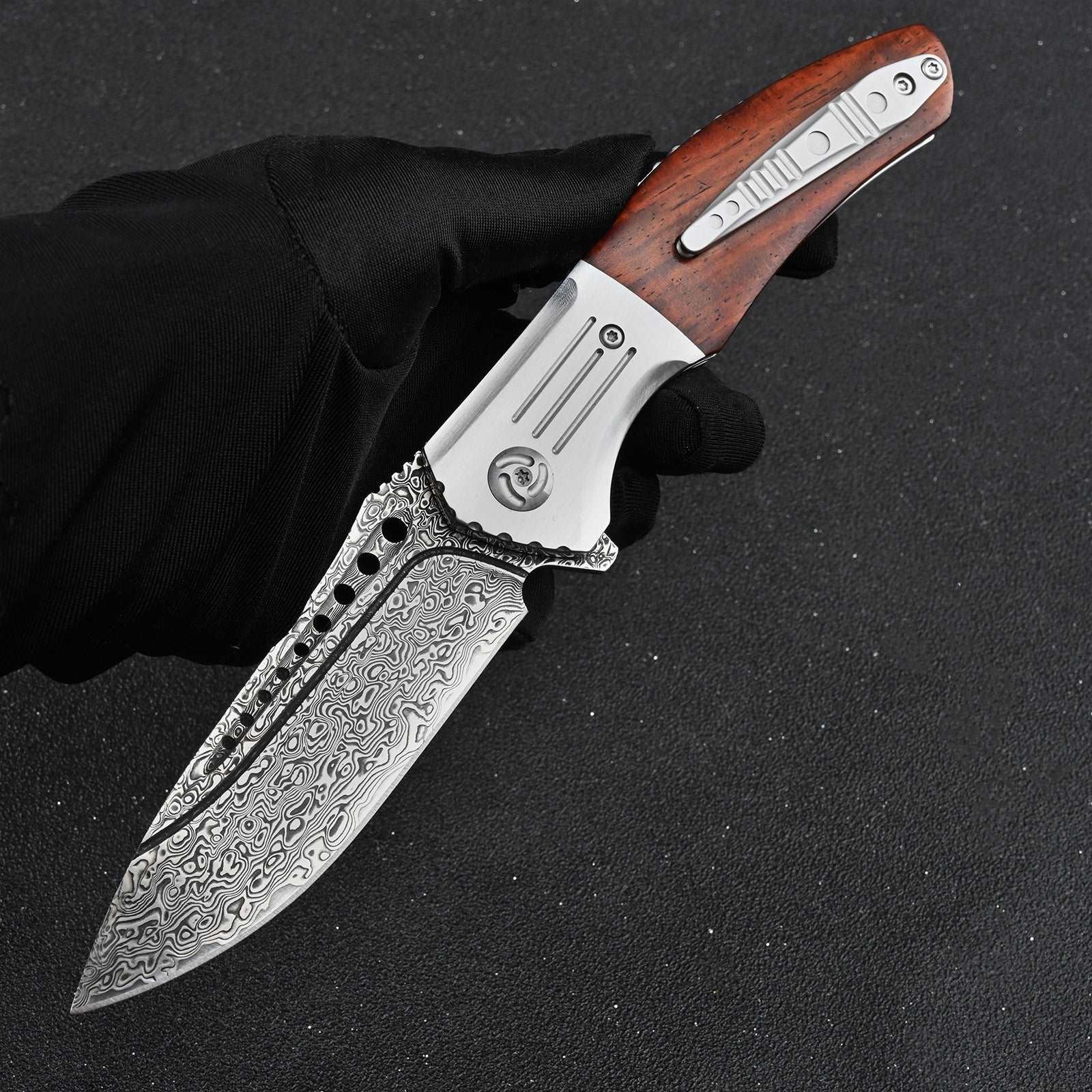 Premium Japanese Pocket Knife - VG-10 Damascus Steel Blade with Exotic Red Sandalwood Handle, Clip & Leather Sheath | Perfect for Camping, Hiking & Everyday Carry (EDC)