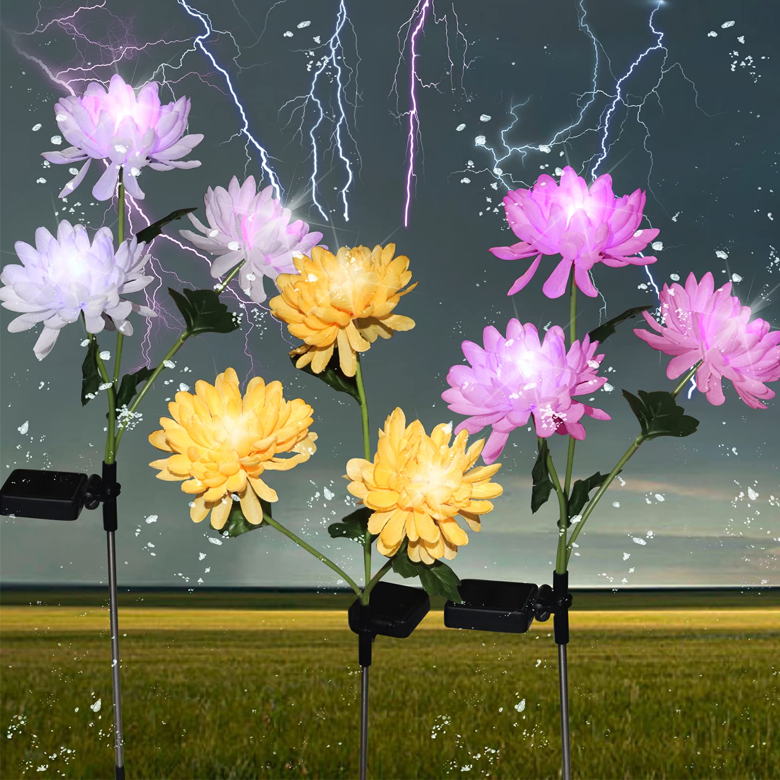 NUFR Outdoor Solar Garden Stake Lights - 7 Color Changing Solar Flowers Yard Lights for Garden Decor (Yellow, Pink, White) | Waterproof Solar Powered Landscape Lighting for Pathways, Patios & Backyards