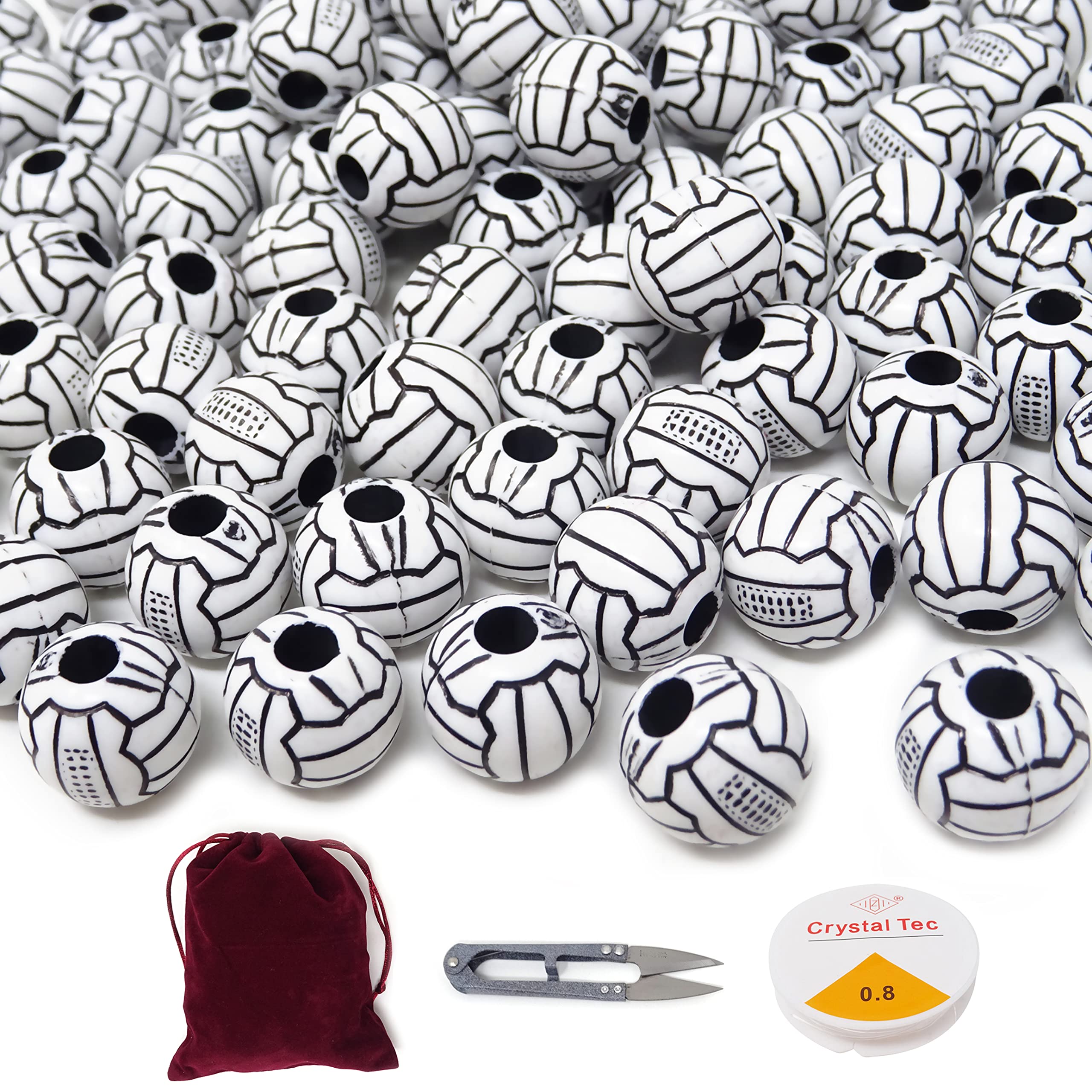 100PCS Acrylic Sports Ball Beads with Large Hole - DIY Volleyball Beads, Round Spacer Beads for Jewelry Making - Includes Elastic Rope, Velvet Drawstring Bag & Scissors - Perfect for Bracelets, Necklaces & Craft Projects