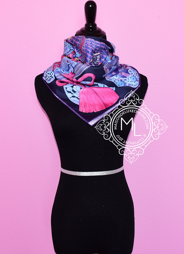 Hermes Pink & Blue Twill Silk 90cm Parures De Samourais Scarf - Luxury Fashion Accessory for Women, Perfect for Gifts, Parties & Elegant Outfits