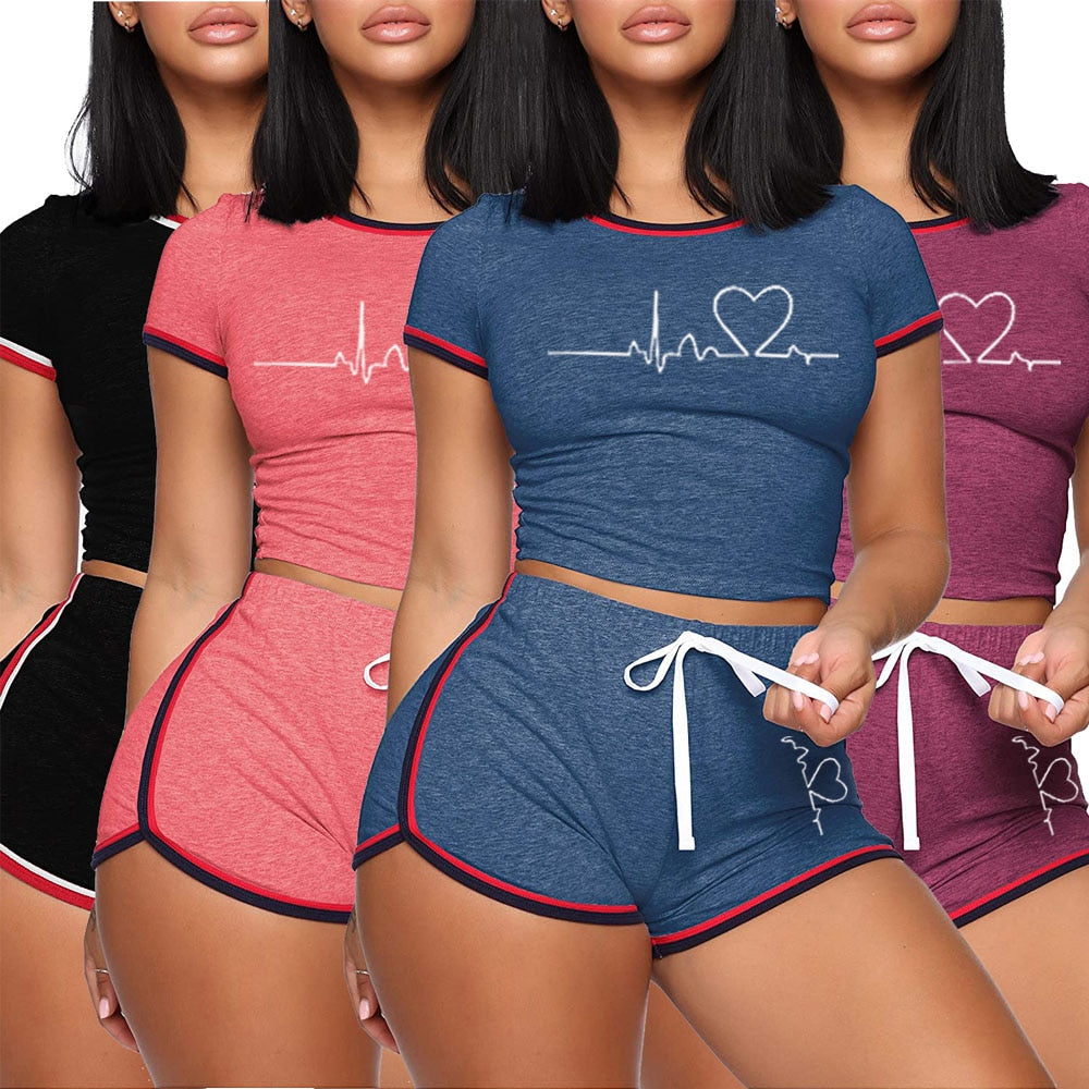 Women's Summer Short Sleeve T-Shirt Tracksuit Set - Athletic Workout Outfit for Running, Yoga & Gym Wear