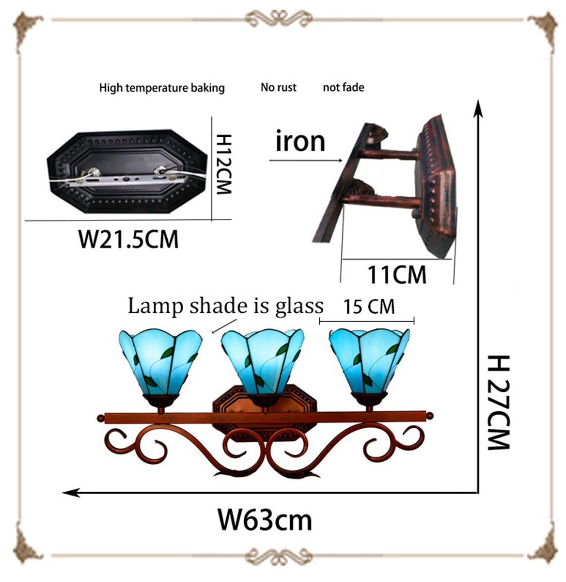 Tiffany Style Vanity Lights - 3-Light Wall Sconce with Mediterranean Blue Stained Glass for Makeup Mirror | Minimalist Bathroom Lighting & Bedroom Decor | Perfect for Dressing Rooms, Master Baths & Boudoir Vanity Areas