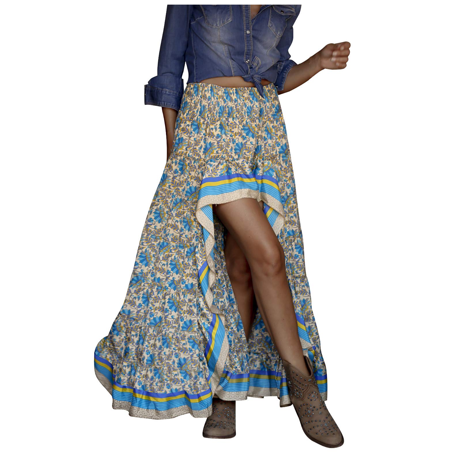 YOYUHN Women's Summer Boho Floral Print Maxi Dress - High Low Side Split Ruffle Hem Swing Long Skirt | Beach Vacation, Music Festival & Casual Outfit