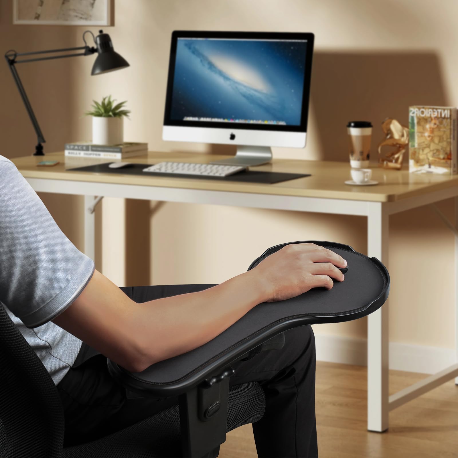 Ergonomic Adjustable Armrest Mouse Pad for Office Chair - Black Mouse Extension Tray with Anti-Slip Baffle (Model YYLL8326) - Perfect for Gaming, Computer Workstations & Home Office Setups