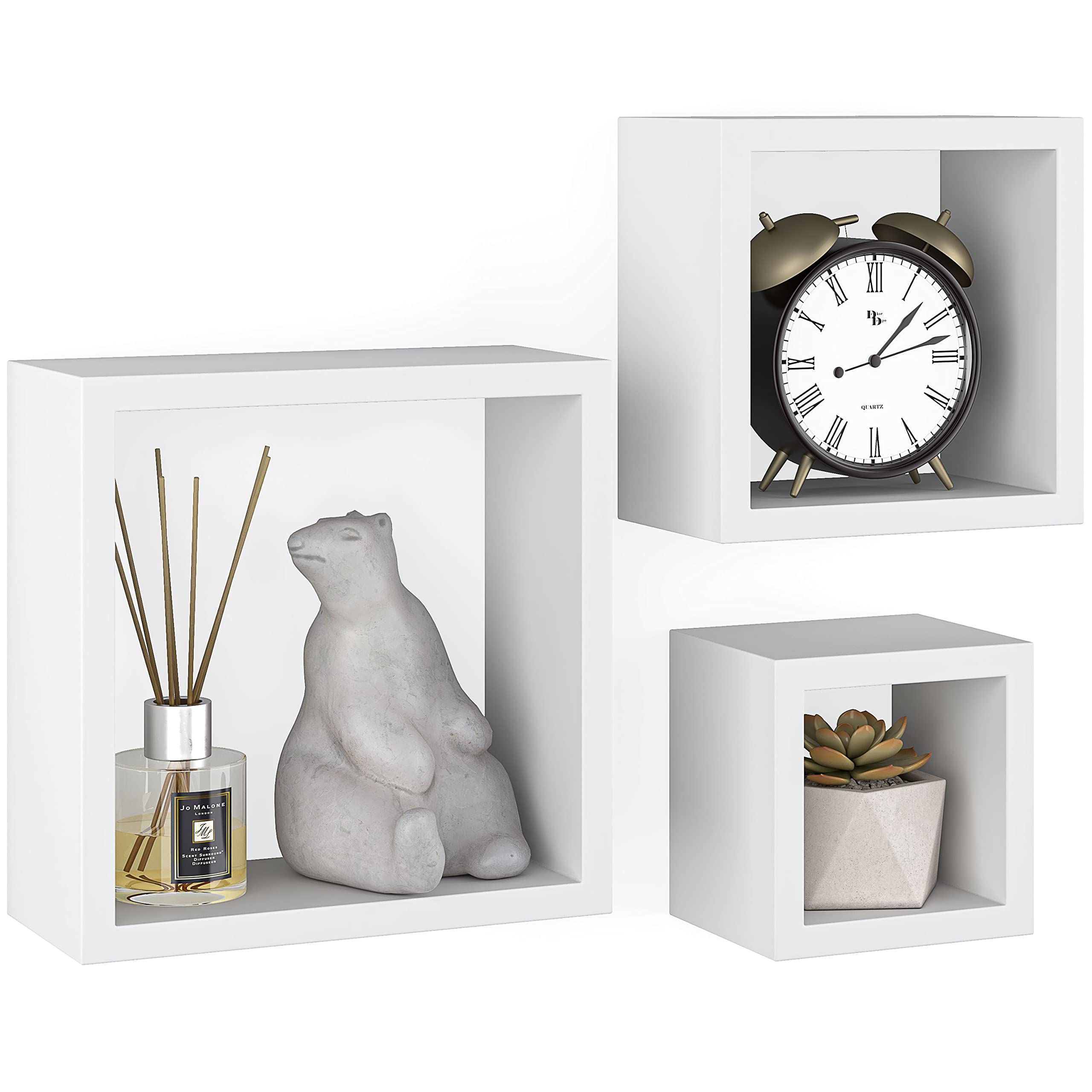Ballucci Floating Box Shelves - Set of 3 White Square Wall Mounted Wooden Shelves for Home Decor | Perfect for Living Room, Bedroom, Bathroom & Nursery Organization | Modern Storage Solution for Books, Plants & Decorative Items