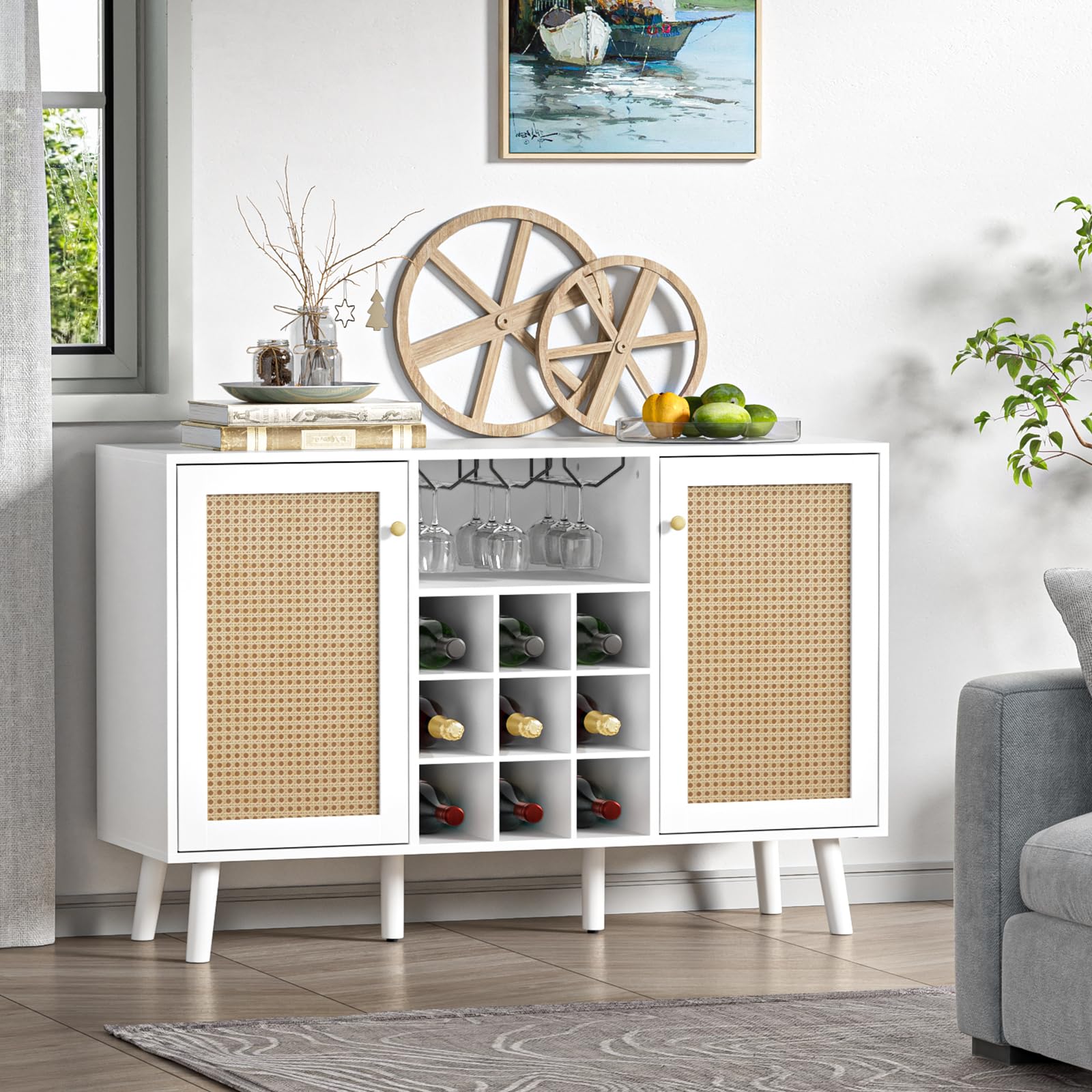 **Giluta White Rattan Sideboard Buffet Cabinet - 2-Door Farmhouse Wine Bar with Wine Rack & Glass Holder - Storage Cabinet for Living Room, Dining Room, Kitchen - Perfect for Entertaining & Home Decor**