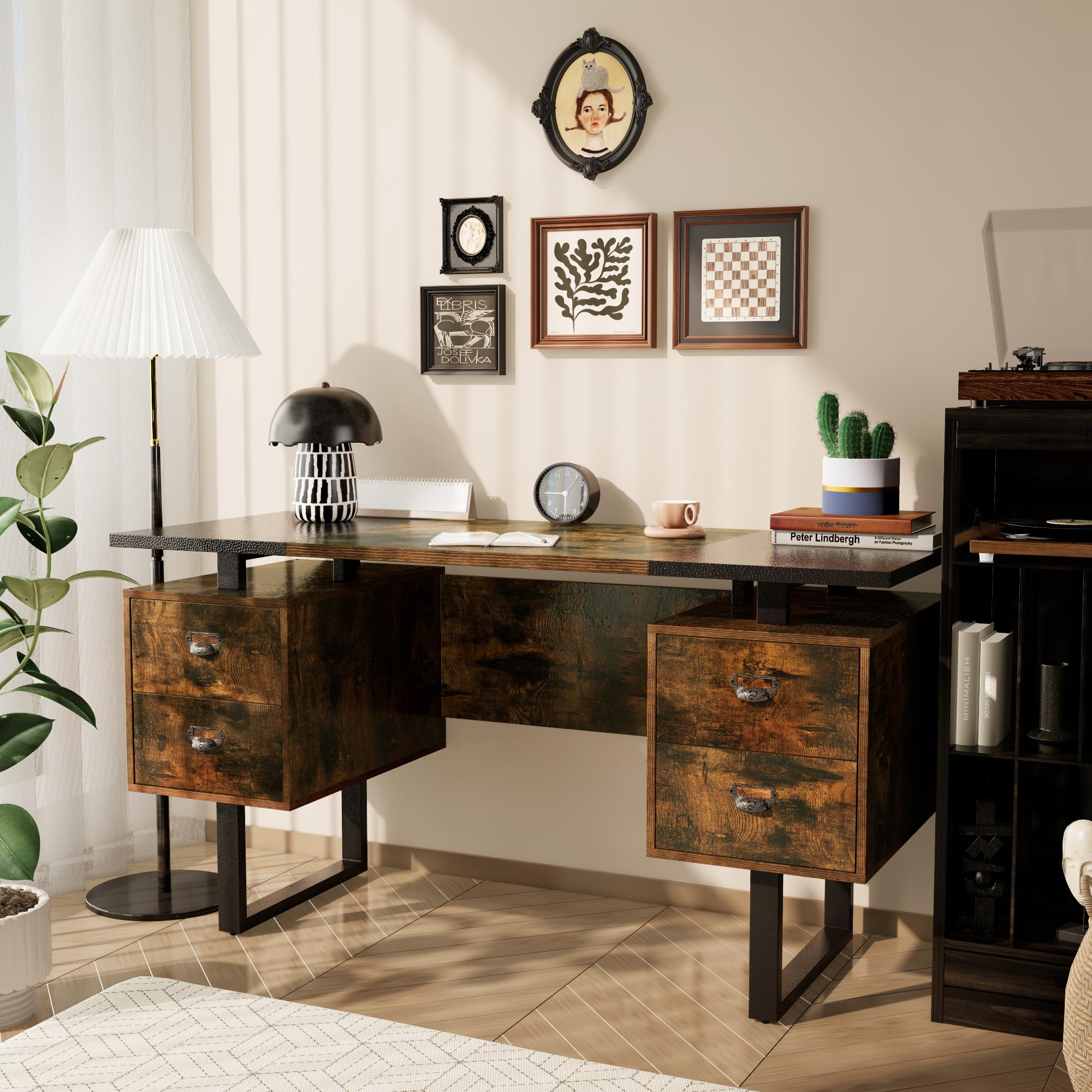 LEEMTORIG 59 Inch Large Computer Desk with Drawers - Modern Industrial Gaming Desk, Study Writing Table Workstation for Home Office, Bedroom (Black & Rustic Brown) | Perfect for PC Gaming, Remote Work & Student Study Spaces