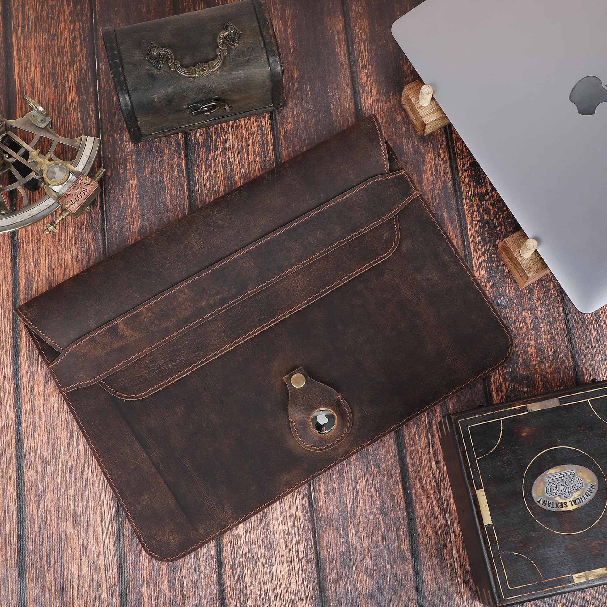 Premium Genuine Leather Laptop Sleeve for MacBook Pro 13-13.3 Inch (M1/M2/M3 Chip) & MacBook Air 14 Inch - Shockproof Protective Case with AirTag Pocket & Pen Holder (Brown) | Perfect for Business Travel, Office & College Use