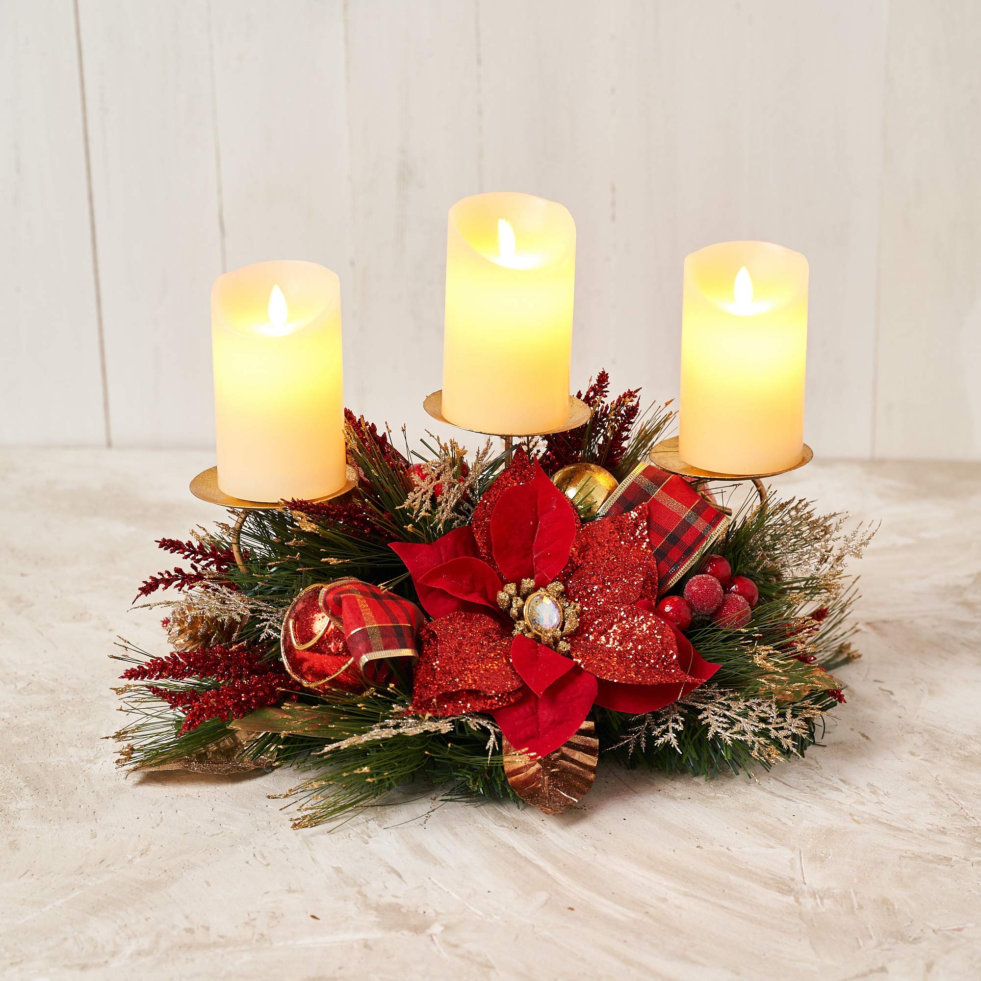 Christmas Candle Holder - Red Poinsettia Triple Candle Holder with Glitter, Faux Florals & Berries - Holiday Table Decor for Christmas Dinner, Mantel, or Festive Home Decor