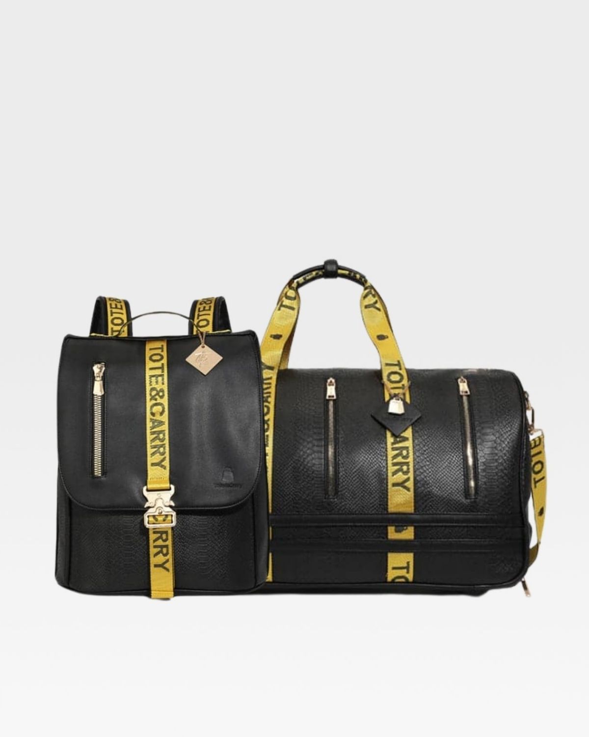 Black & Yellow Caution Tape Backpack & Roller Duffle Set - Heavy Duty Travel Luggage for Work, Gym, and Outdoor Adventures