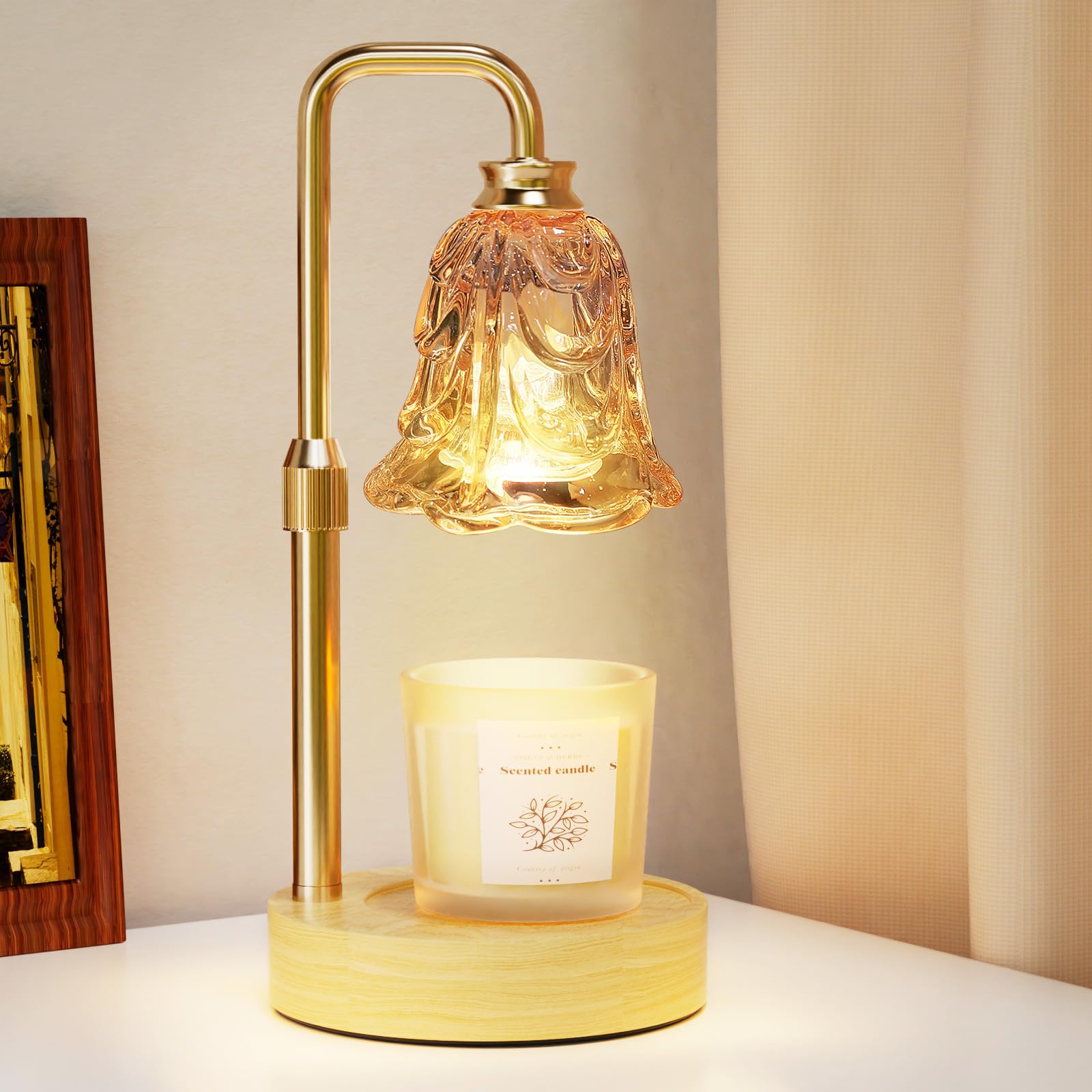 PYZO Flameless Candle Warmer Lamp with Timer - Adjustable Height Electric Wax Melter & Dimmable Light for Scented Candles | Gold Flower Design Home Decor Gift for Women, Mom, Housewarming | Perfect for Bedroom, Living Room & Aromatherapy Relaxation
