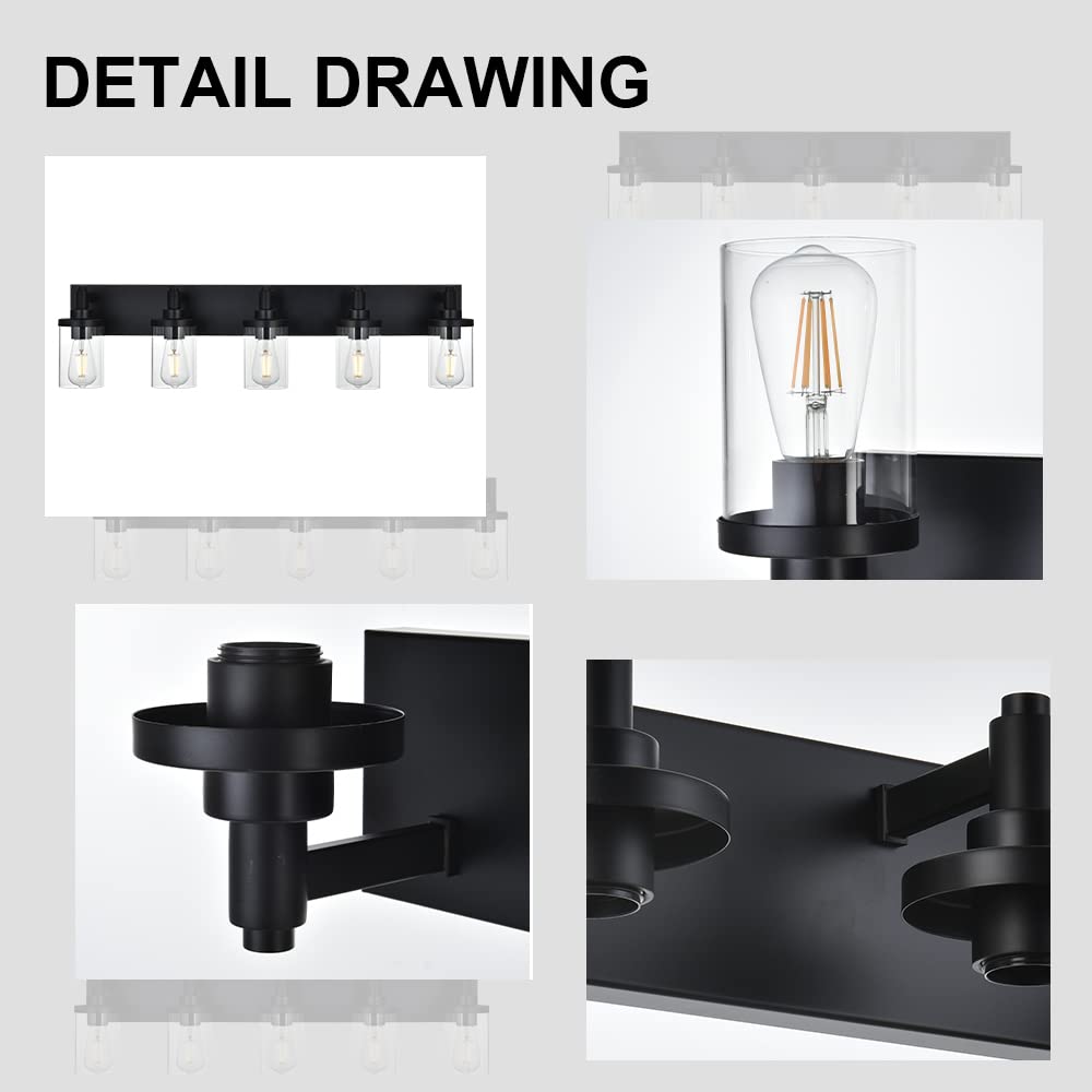 Modern Black 5-Light Bathroom Vanity Lighting Fixture with Clear Glass Shade - E26 Wall Mount Mirror Light for Bathroom, Hallway, Kitchen & Living Room - Perfect for Makeup, Grooming & Ambient Lighting