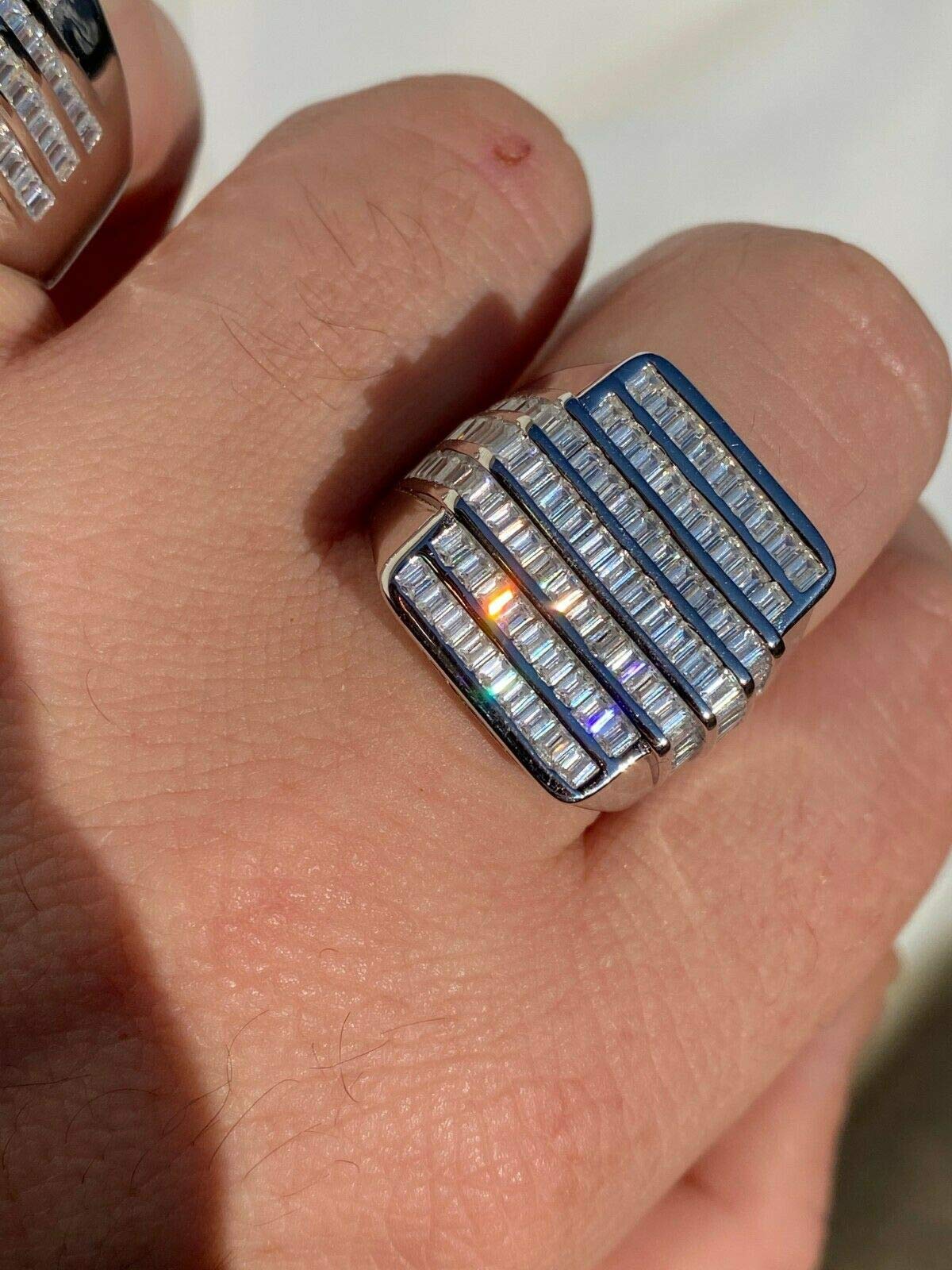 Real Solid 925 Sterling Silver Men's Large Hip Hop Ring with Baguette Diamonds - Iced Out Bling Ring for Pinky or Ring Finger - Perfect for Rappers, Streetwear Fashion & Gift Giving